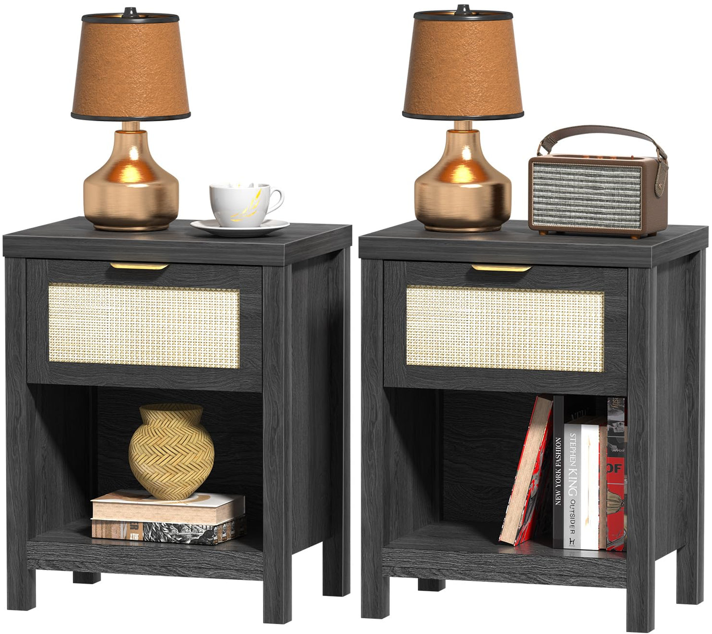 DEMEGA Rattan Nightstand Set of 2 Black Night Stand Bedside Table with Drawer and Storage Shelf Boho Side Table for Bedroom End Tables