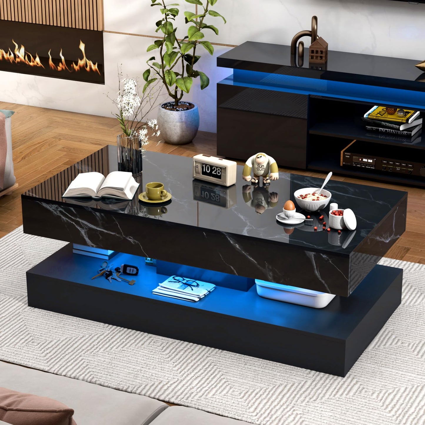 chartustriable 47inch Large High-Glossy LED Coffee Table with 2 Sliding Drawers, Living Room Storage Tables with Marbling Print, Modern Stylish Double-Layer Center Tables w/LED Lights, Black