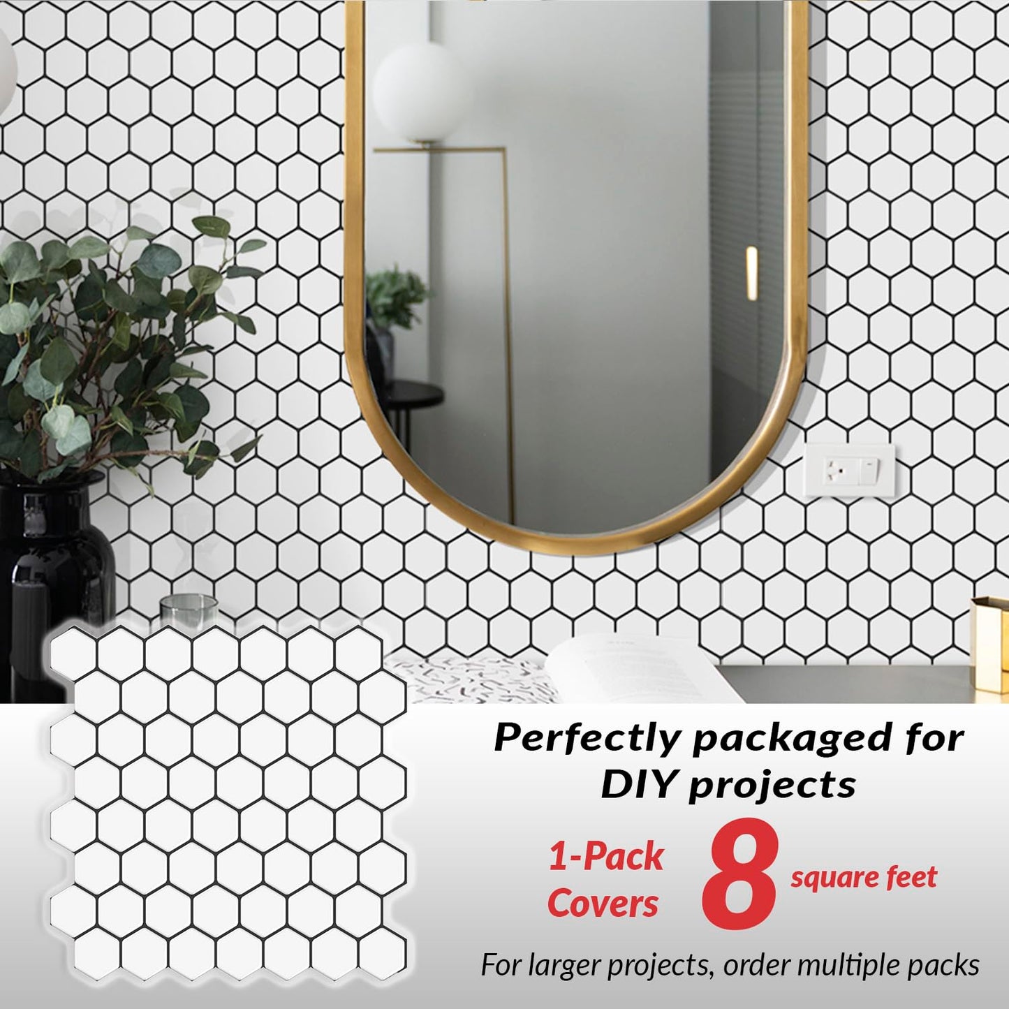 DÉCOR WOW Peel & Stick Backsplash for Kitchen & Bathroom, (8) 12x12-inch Sheets Covers 8 Sq. Ft, White Hexagon