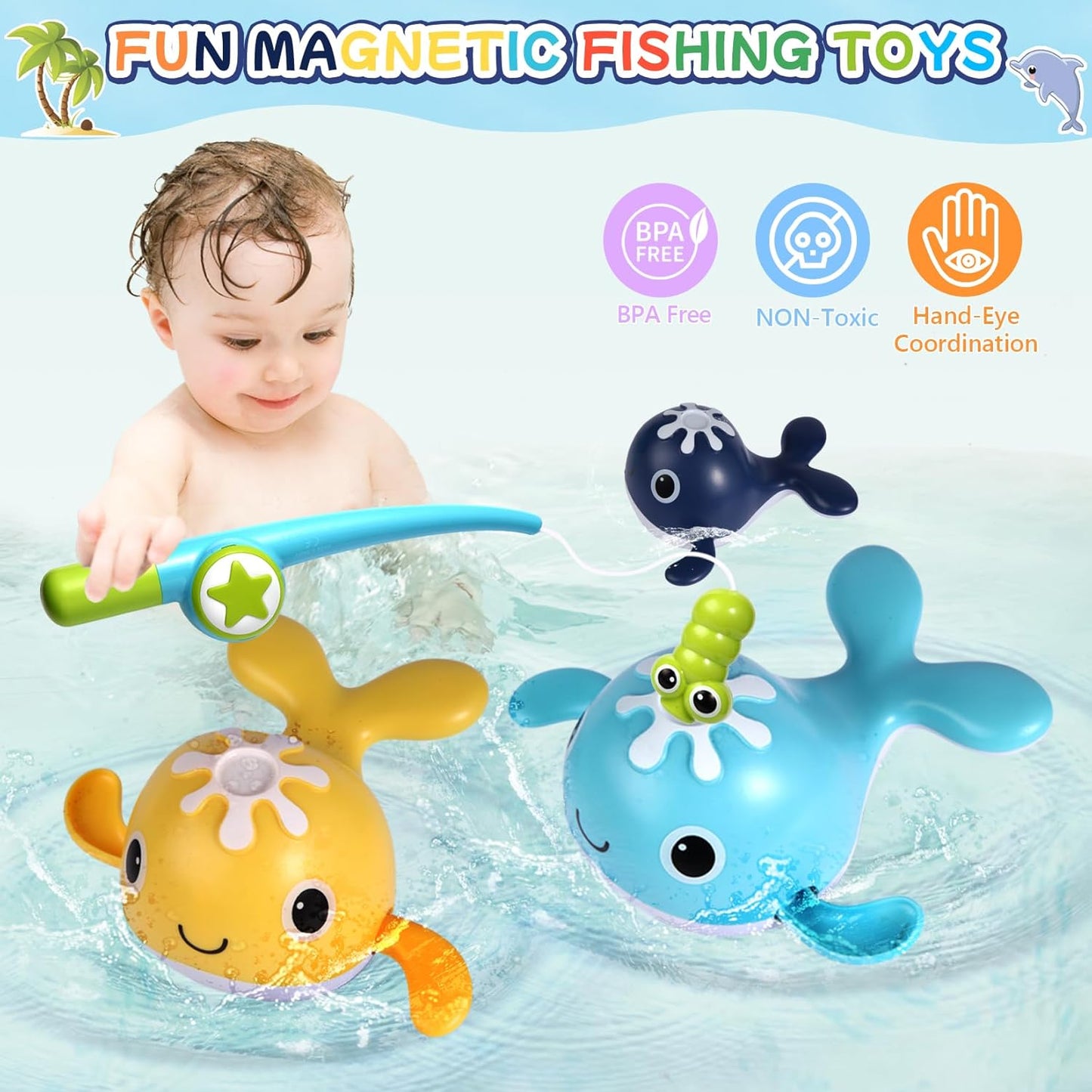 Baby Bath Toys Set,Wind Up Pool Toys for Toddlers 1-3,Kids Magnetic Fishing Toys with Fishing Rod,Fishing Net and 4Pcs Brightly Colored Whales,Boys and Girls Birthday Gifts
