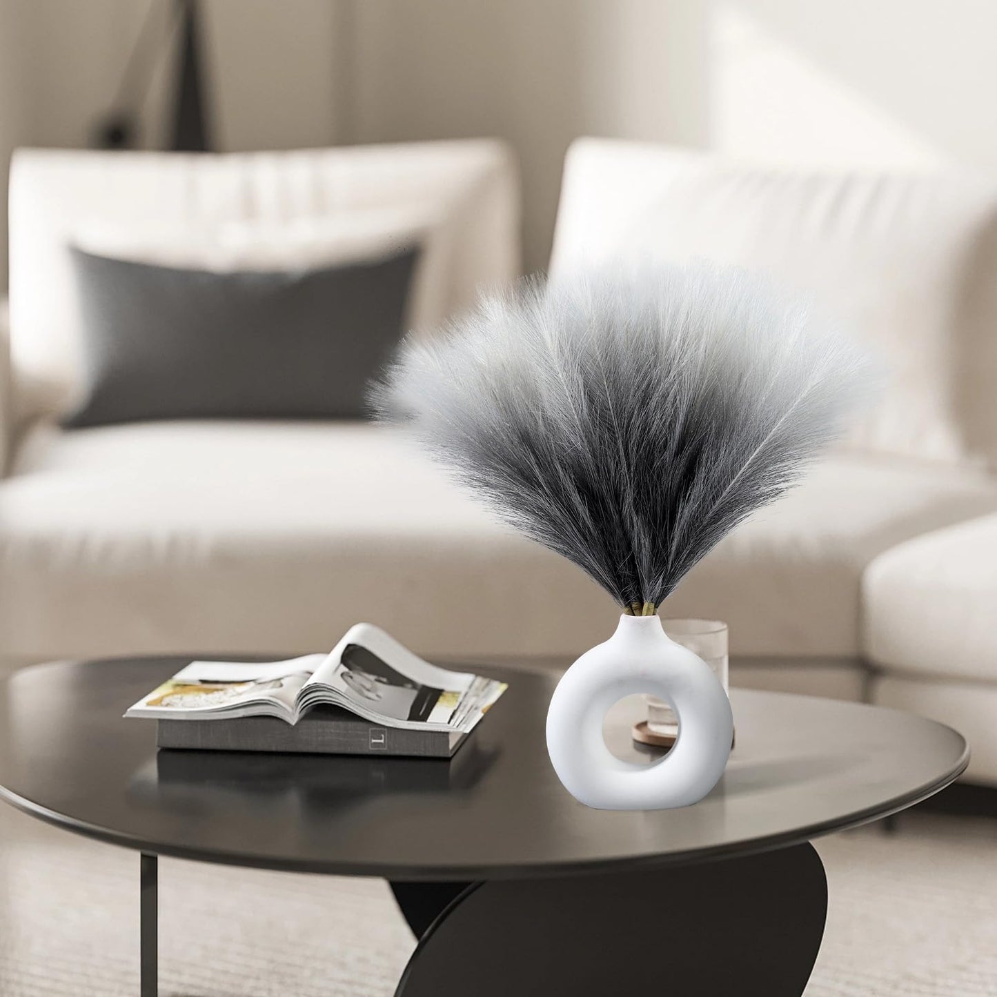 Ureymx Faux Pampas Grass Decor 17.7 Inch 6pcs, Pompas Grass Flower Arrangement and Vase Filler Artificial Pampas Grass Short Decor for Boho Home Wedding Decoration (Gradient Grey)