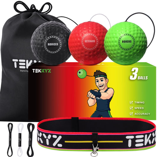 TEKXYZ Boxing Reflex Ball, 3 Difficulty Levels Boxing Ball with Headband, Softer Than Tennis Ball, Perfect for Reaction, Agility, Punching Speed, Fight Skill and Hand Eye Coordination Training