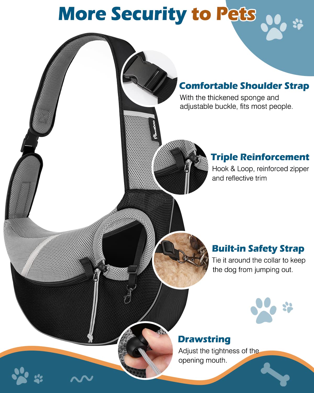 Pawaboo Dog Sling Carrier, Dog Papoose with Zipper Touch Pocket, Hand Free Breathable Mesh Puppy Carrier, Crossbody Satchel Dog Purse with Adjustable Strap for Outdoor Travel, Black, Small