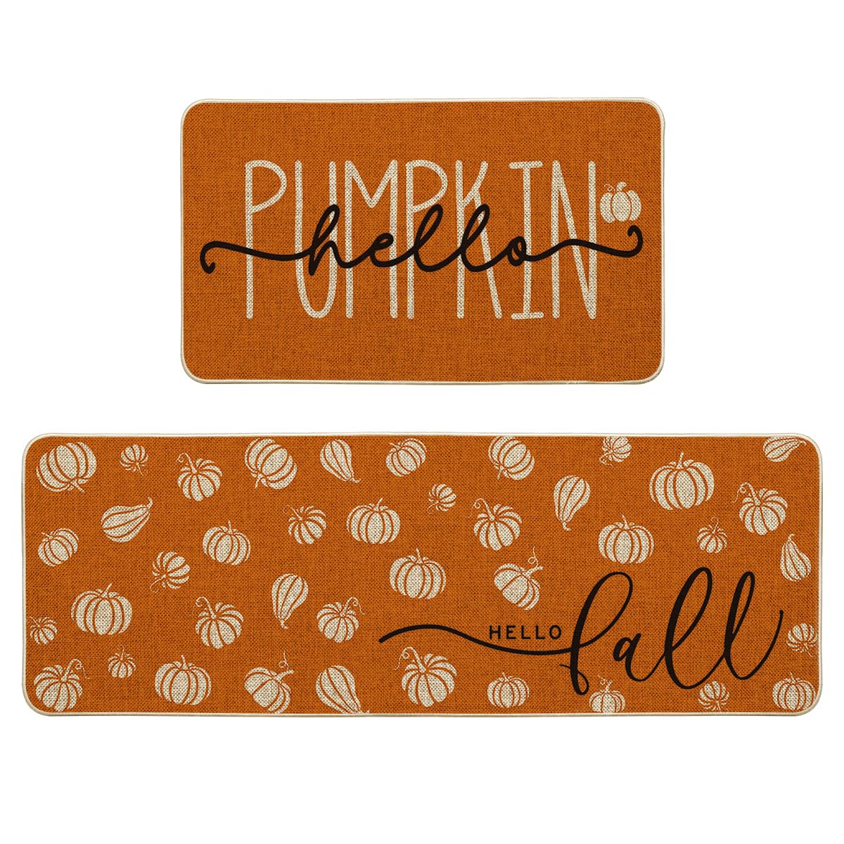 Artoid Mode Orange Hello Pumpkin Fall Kitchen Mats Set of 2, Autumn Home Decor Low-Profile Kitchen Rugs for Floor - 17x29 and 17x47 Inch