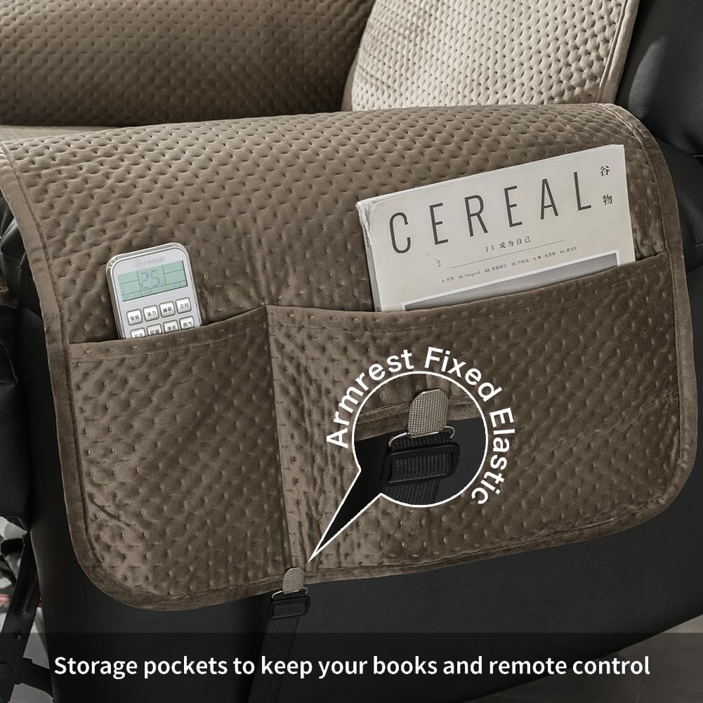 STONECREST Recliner Chair Cover, Water Resistant Velvet Quilted Slipcover, Stay in Place (Brown/Grey, Recliner 23" Regular)