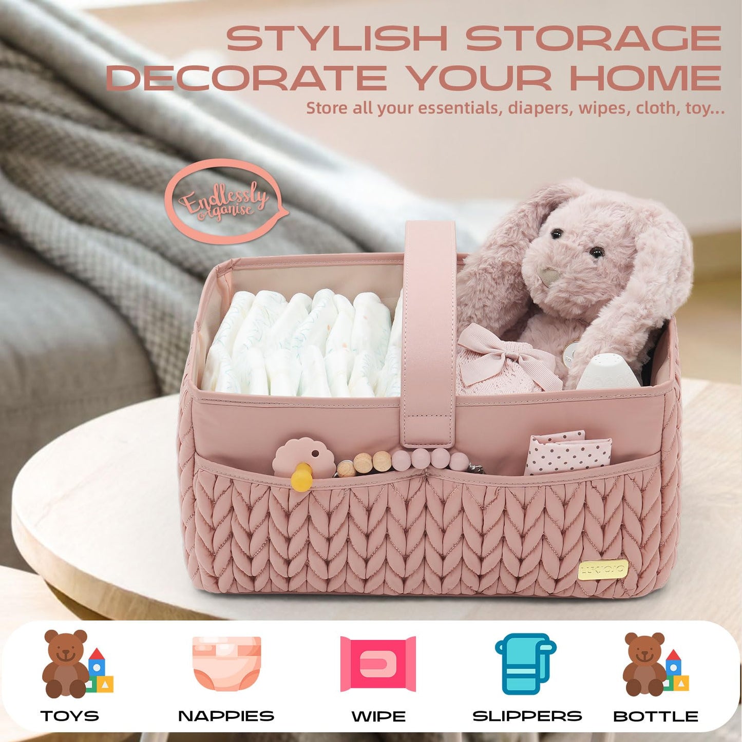 LUKJOJO Luxurious Baby Diaper Caddy, Nursery Storage Basket for Newborn Boy and Girl, Travel Baby Basket for Diapers Baby Wipes, Organizer Tote Bag Storage Bin, Baby Shower Gifts(dusty rose)