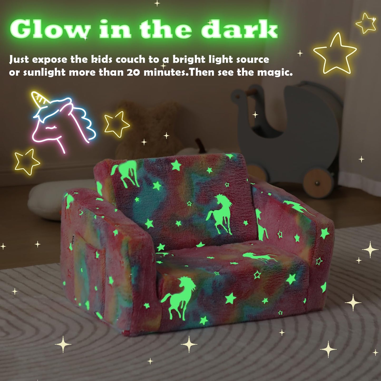 Kisdsa Kids Couch Fold Out, Foldable Toddler Couch with Blanket, Kids Sofa for Girls & Boys, Flip Out Toddler Chair, Convertible Sofa to Lounger for Children Age 1-3 (Glow Pink)