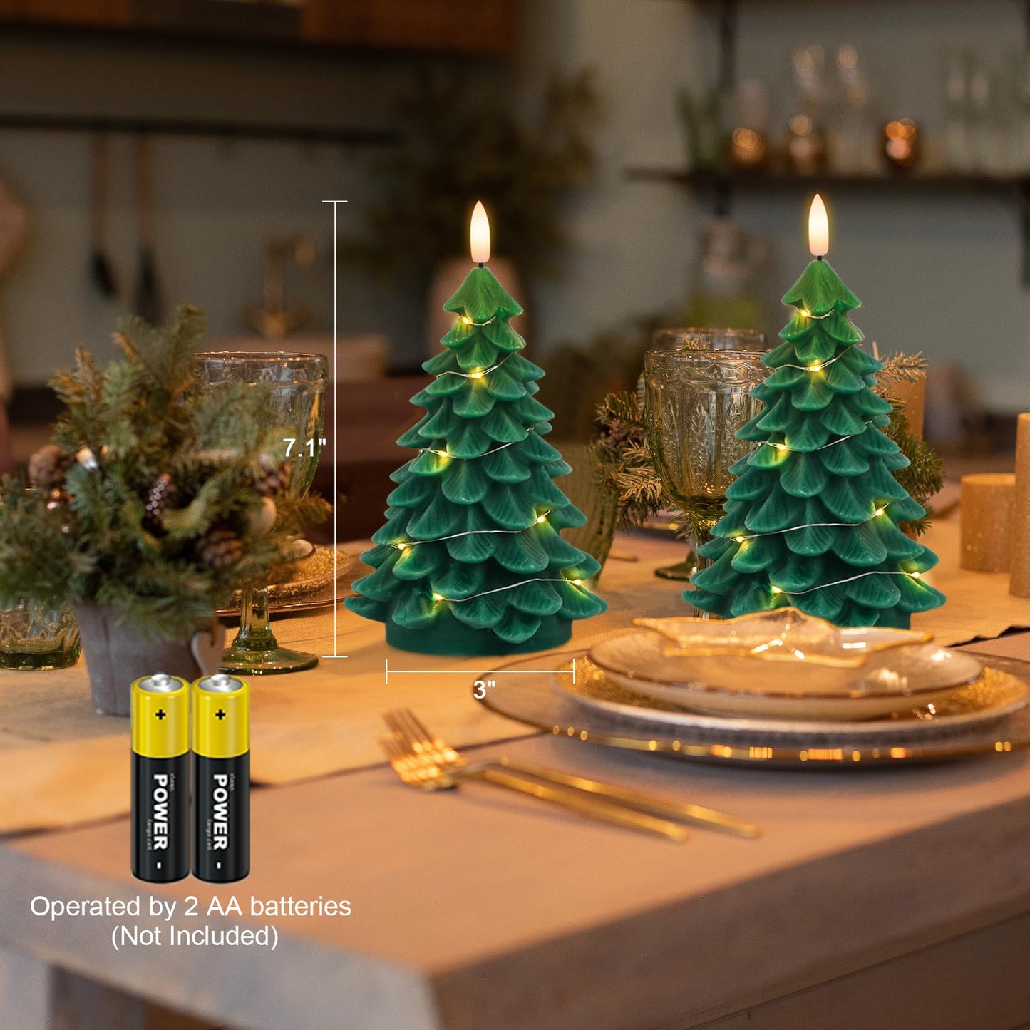 KunSwenn Christmas Tree Candles, 2 Pack Christmas Taper Candles with Remote Timer, Real Wax LED Flameless Taper Candlesticks Battery Operated with String Light for Christmas Decorations