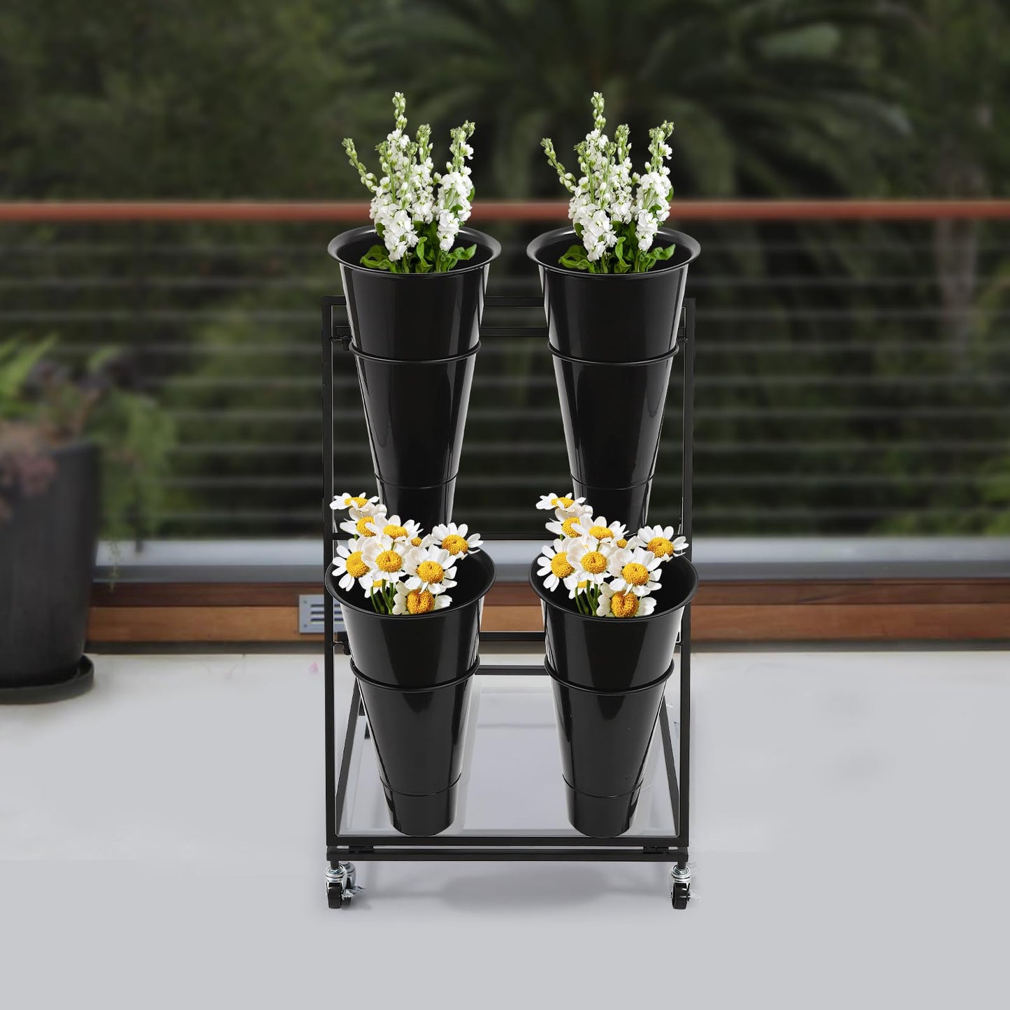 Nozue Flower Display Stand, with 4pcs Buckets, 2 Layers Metal Plant Stand with Wheels, Heavy Duty Detachable Plant Moving Cart Frame for Indoor, Living Room, Florist (Black- Black round bucket)