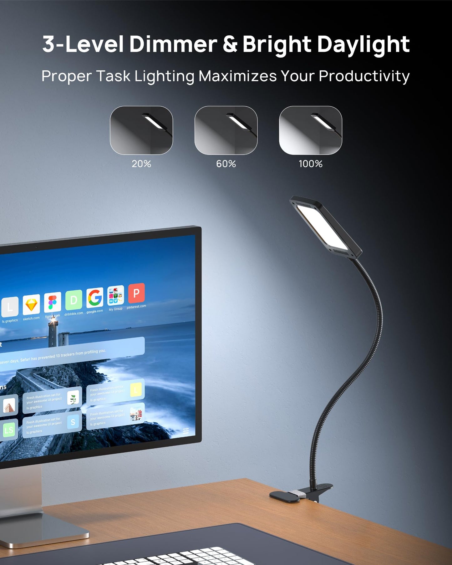 TROND LED Desk Lamp with Clamp, 1000LM Super Bright 3-Level Dimmable Desk Light 6000K Daylight, Extra-Long Flexible Gooseneck Clip on Light, Eye-Care Clamp Lamp for Painting, Workbench,Reading, Sewing