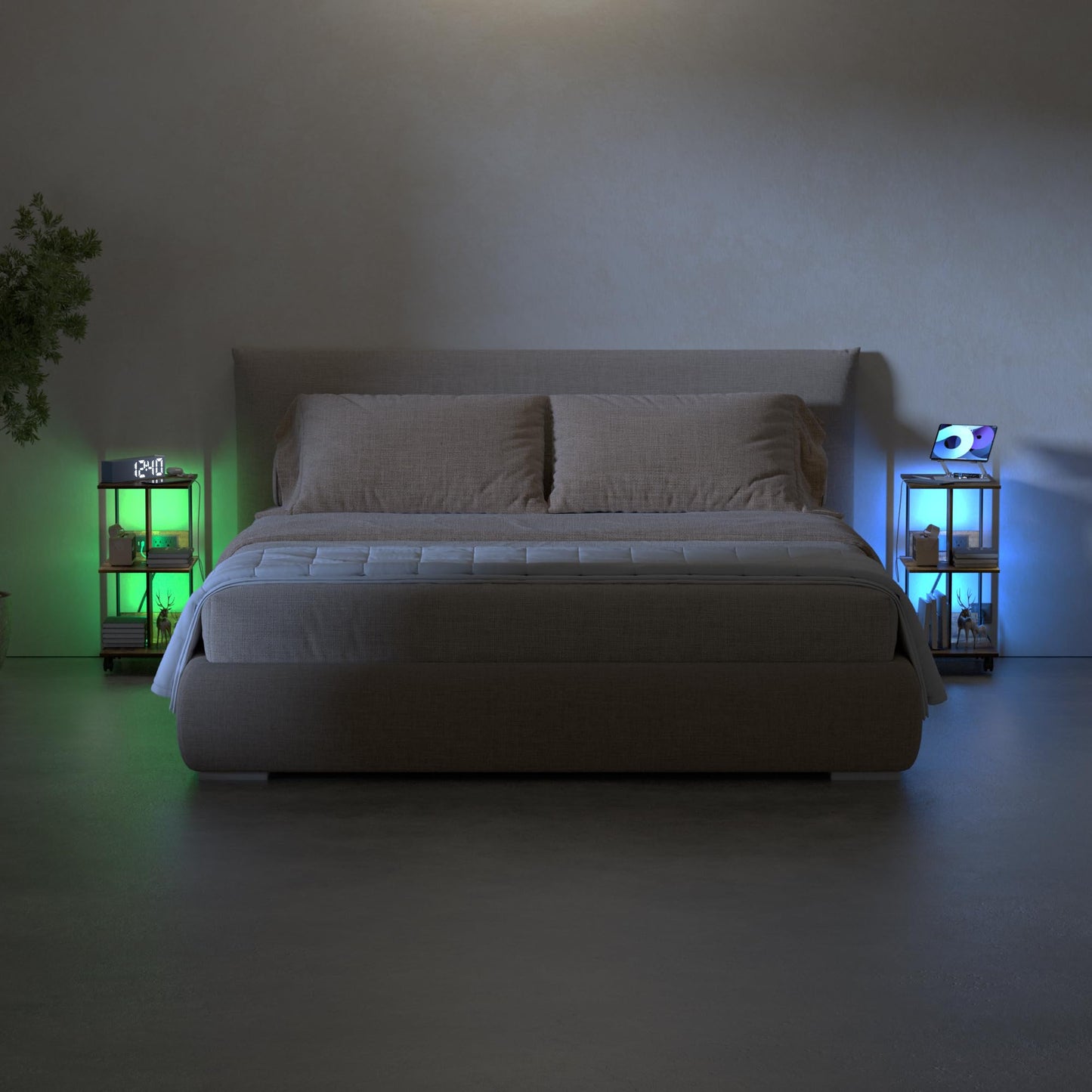 End Table with Charging Station & LED Lights, 3 Tier Movable Wooden Nightstand with Wheels Storage Shelves, Narrow Bedside Tables Side Table for Living Room Bedroom Home Office, Easy to Assemble