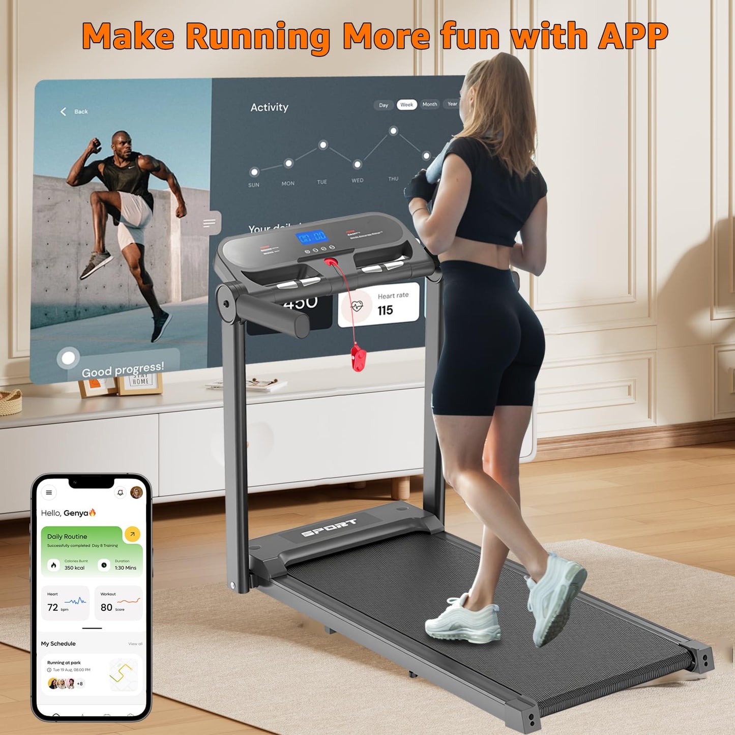 PRIJESSE Foldable Walking pad with Handle bar - Compact Electric Treadmill for Home use, Portable mini Treadmills with 265 Lbs Weight Capacity, 3.0HP Quiet Walking Treadmills Digital Display