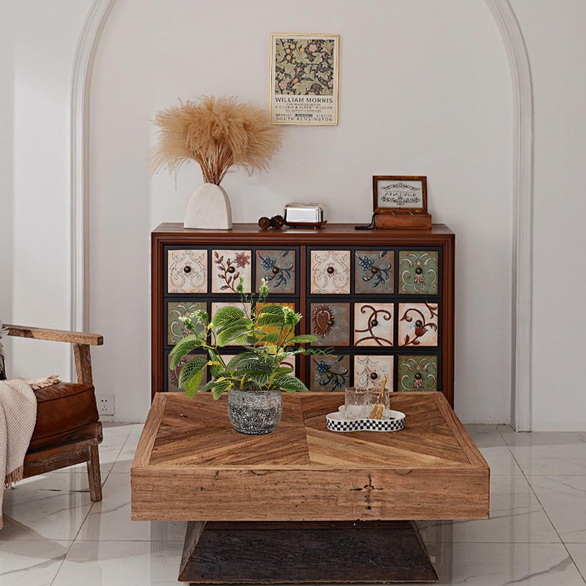 Giftale 12.8'' Fake Plants Greenery Faux White Nerve Plants Artificial Ficus Plant with Rustic Black Cement Planter for Home Living Room Bathroom Decor Indoor & Outdoor Kitchen Office Desk Bookshelf