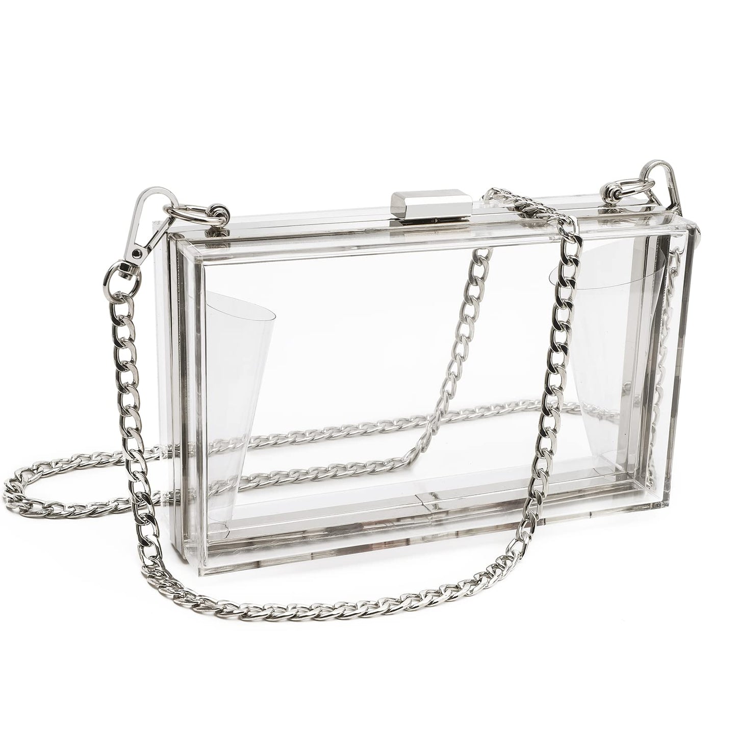 SharPlus Women Cute Clear Purse Acrylic Box Clutch Handbag, Transparent Crossbody Evening Bag Stadium Approved Silver Chain Strap