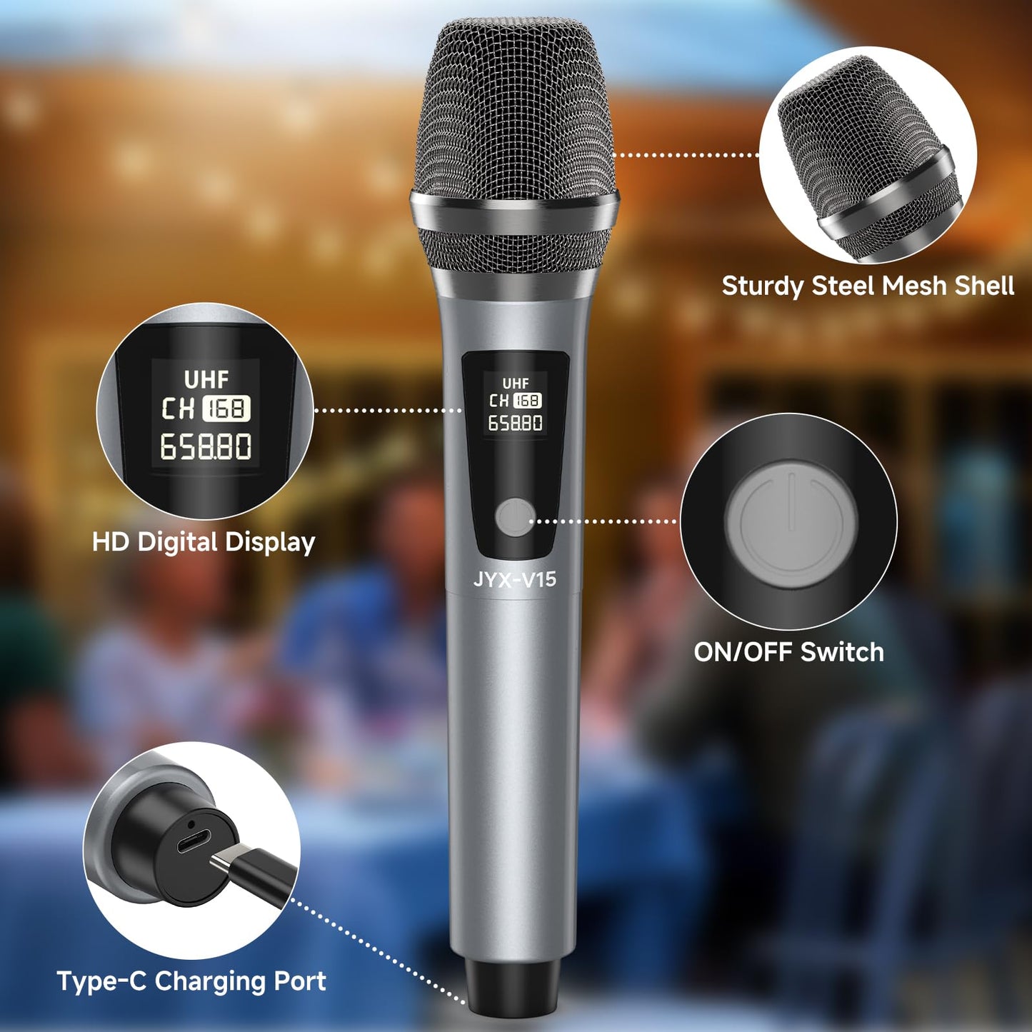 JYX Wireless Microphone, Rechargeable UHF Metal Handheld Cordless Dynamic Micprophone System with Receiver, Suitable for Home Karaoke, Speech, Church, Wedding, Speaker, Party (160 ft Range)