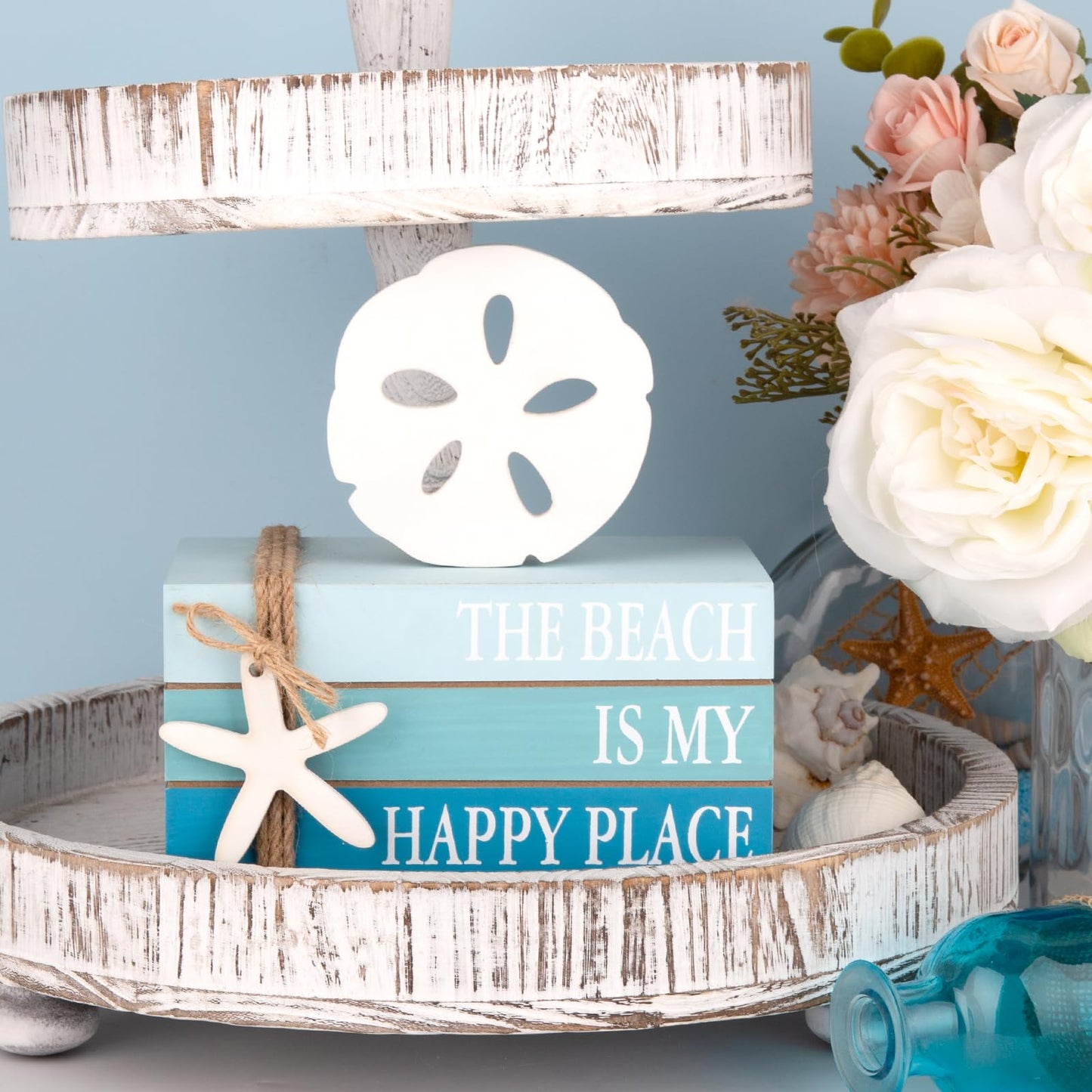 Beach Coastal Decor Stacked Books Set with Starfish & Sand Dollars Accents, Summer Tiered Tray & Blue Wooden Ocean Book Decor for Farmhouse, Beach House, Table Centerpiece