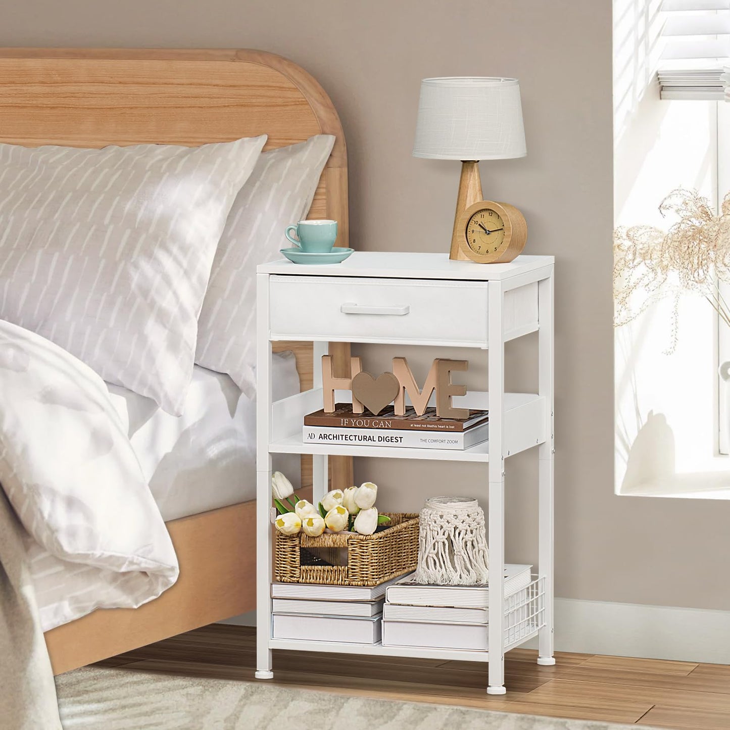 Lerliuo White Printer Stand with Fabric Drawer, 3 Tier Industrial Side Table, Modern Small Printer Desk Holder with Storage Shelf,Multi-Functional Bedside Tables for Home Office Fax Machine Scanner