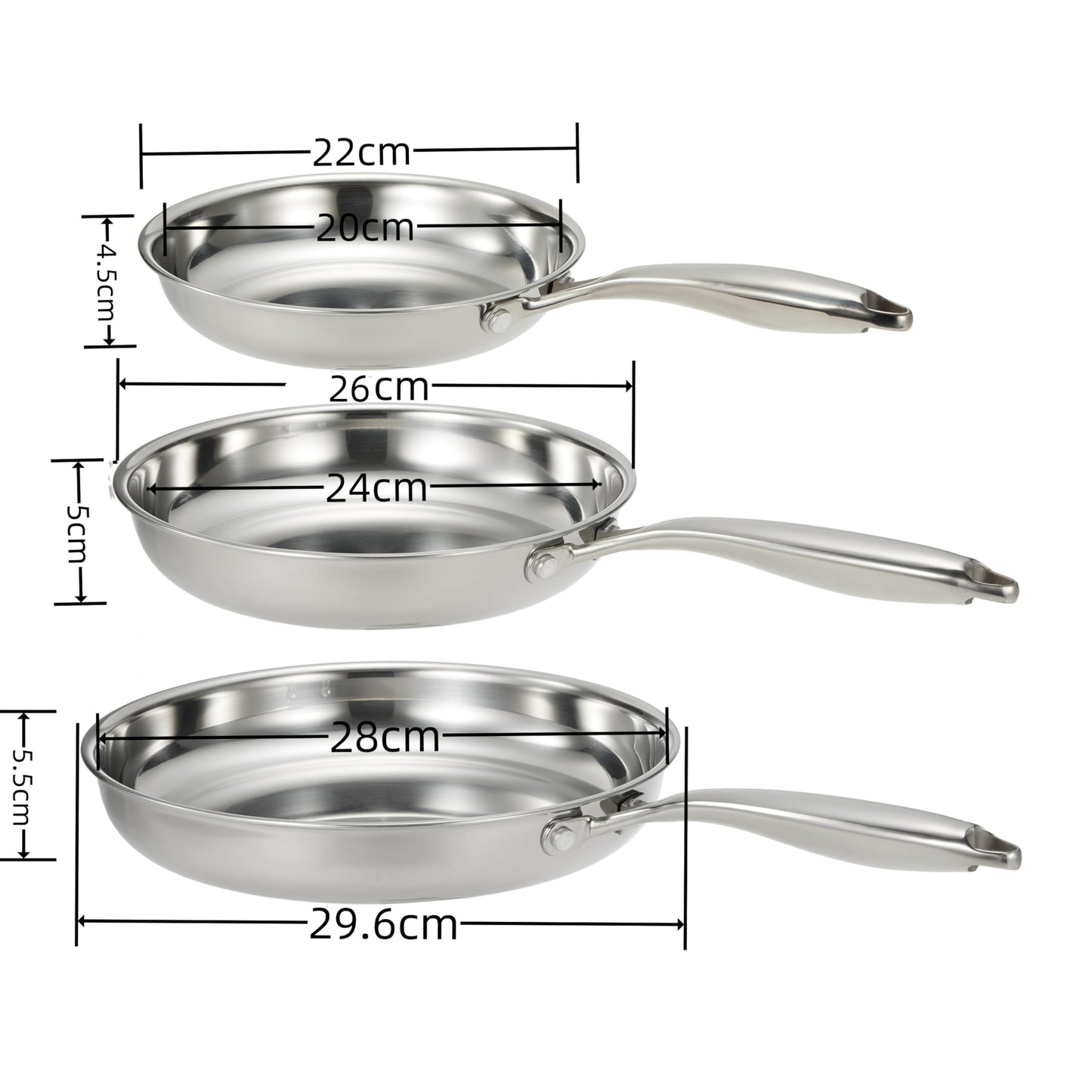SanheKit 3pcs Stainless Steel frying pan set of 3, Tri-Ply Professional stainless steel, pans set, 8-10-12 Inch, Mirror Polished, Induction,Chef's Pans,Skillets,Dishwasher and Oven Safe.