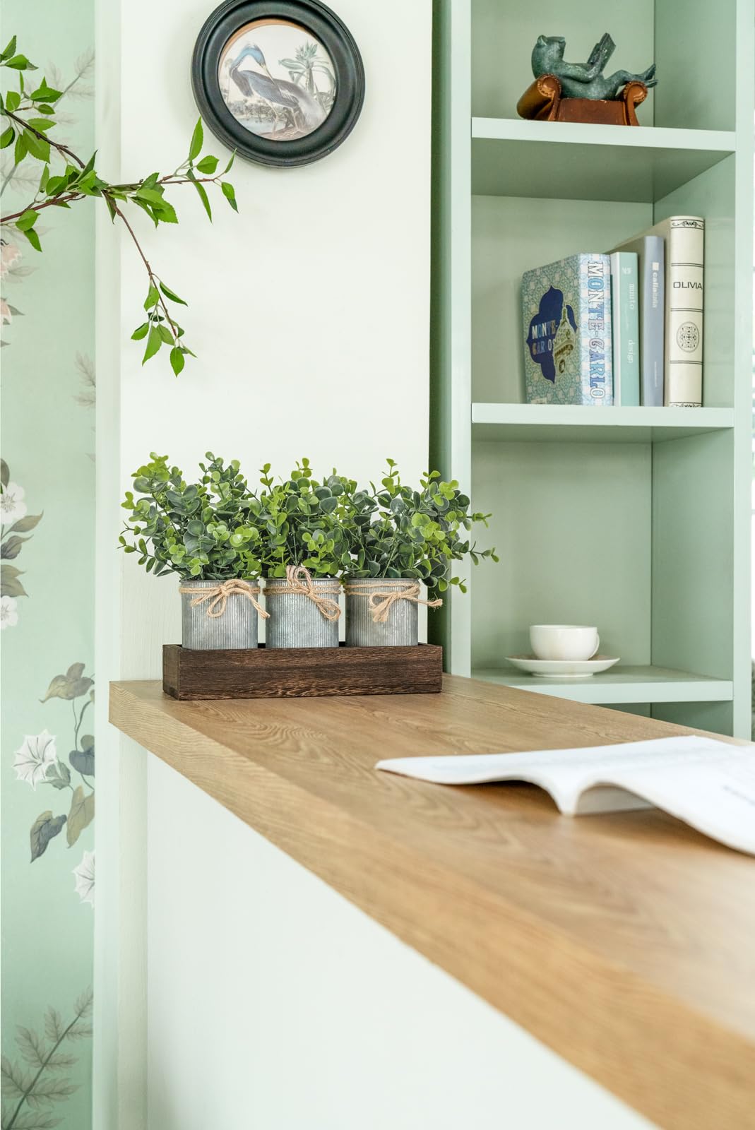 Dahey Centerpiece Table Decorations Coffee Table Decor Wood Tray 3 Galvanized Pots with Artificial Eucalyptus Plants Farmhouse Decor Table Centerpieces for Dinning Living Room Bath Kitchen, Brown