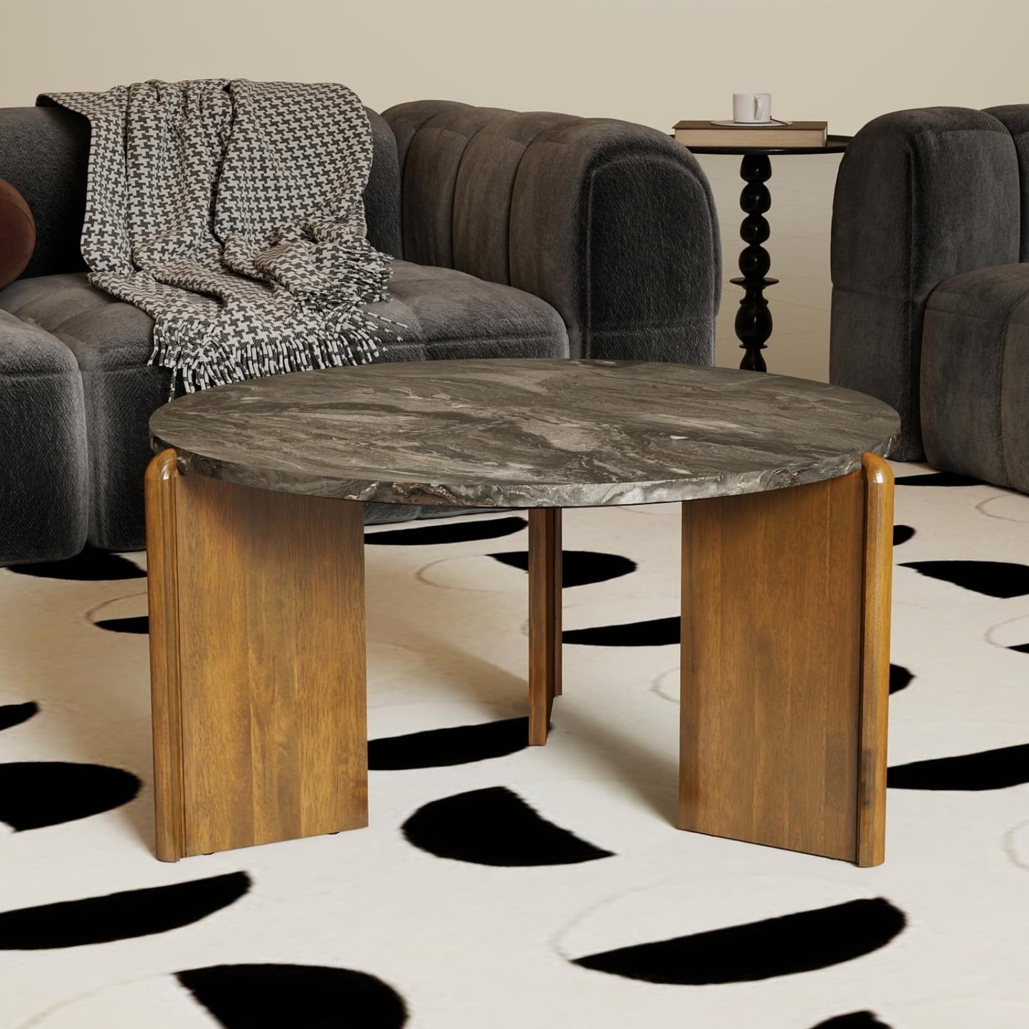 DUOMAY Modern Faux Marble Round Coffee Table, 32'' Grey Circle Coffee Table Center Cocktail Table for Living Room Apartment, Farmhouse Side Table for Family Office