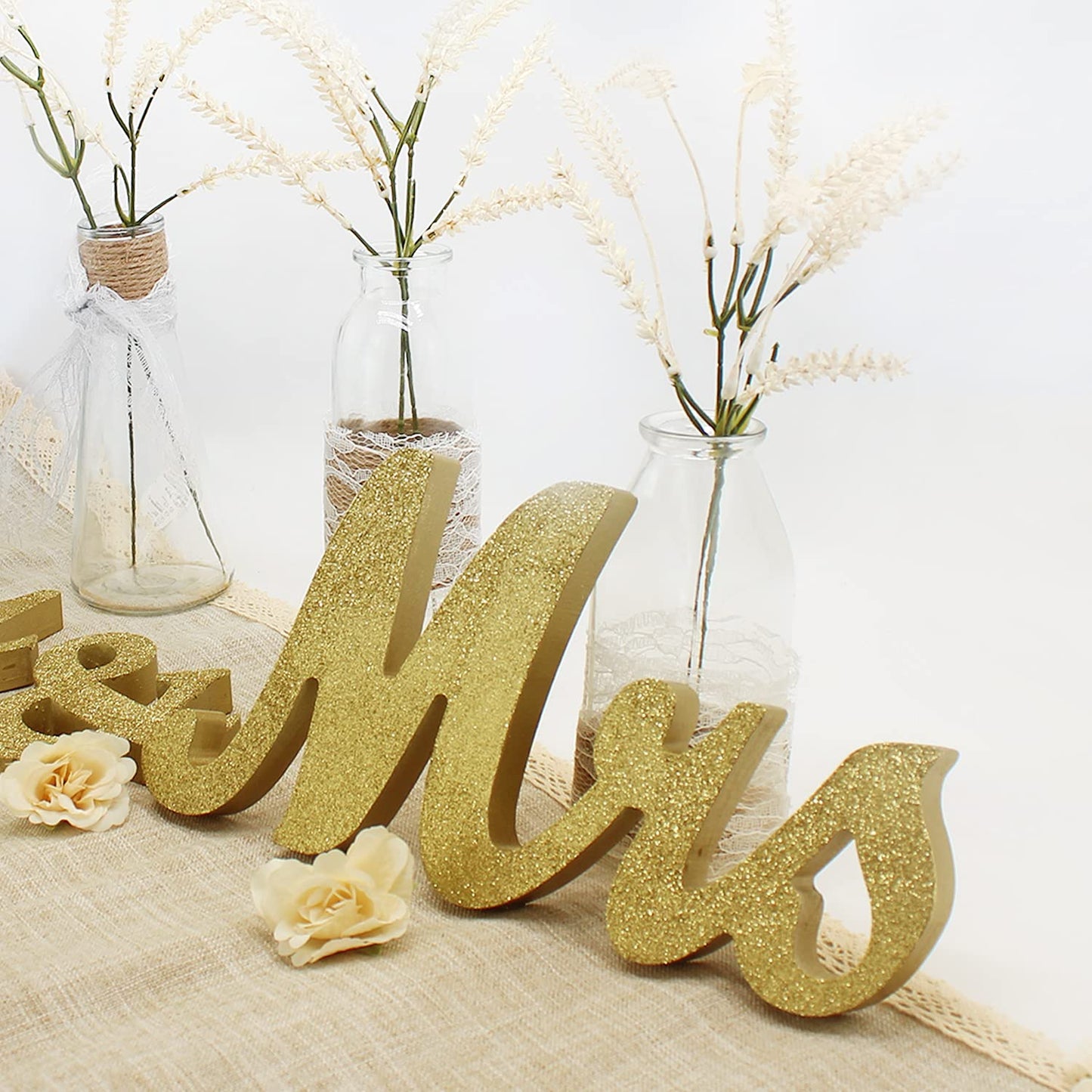 Wooden Mr and Mrs Sign, Rustic Mr. & Mrs. Letters Wedding Signs for Wedding Table, Miss Mr. Deroation for Photo Props/Party Table/Anniversary/Valentine's Day/Wedding & Engagement, Golden