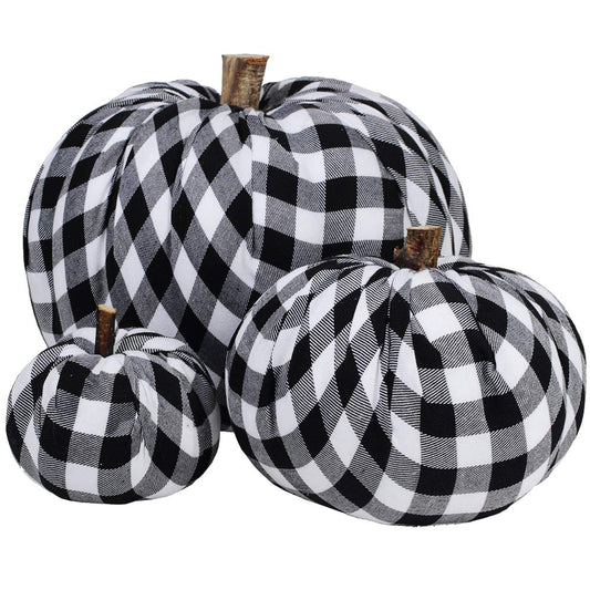 Package of 3 Assorted Burlap Pumpkins Fabric Pumpkins Buffalo Plaid Pumpkins Gingham Fabric Pumpkins Fall Thanksgiving Halloween Seasonal Holiday Farmhouse Tabletop Decoration