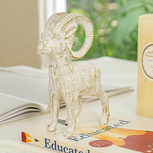 Sungmor Cast Iron Antelope Statue, Vintage Home Office Decor Sculpture, Outdoor Garden Lawn Animal Figurine, Indoor Bookshelf Tabletop Ornament, Rustic White