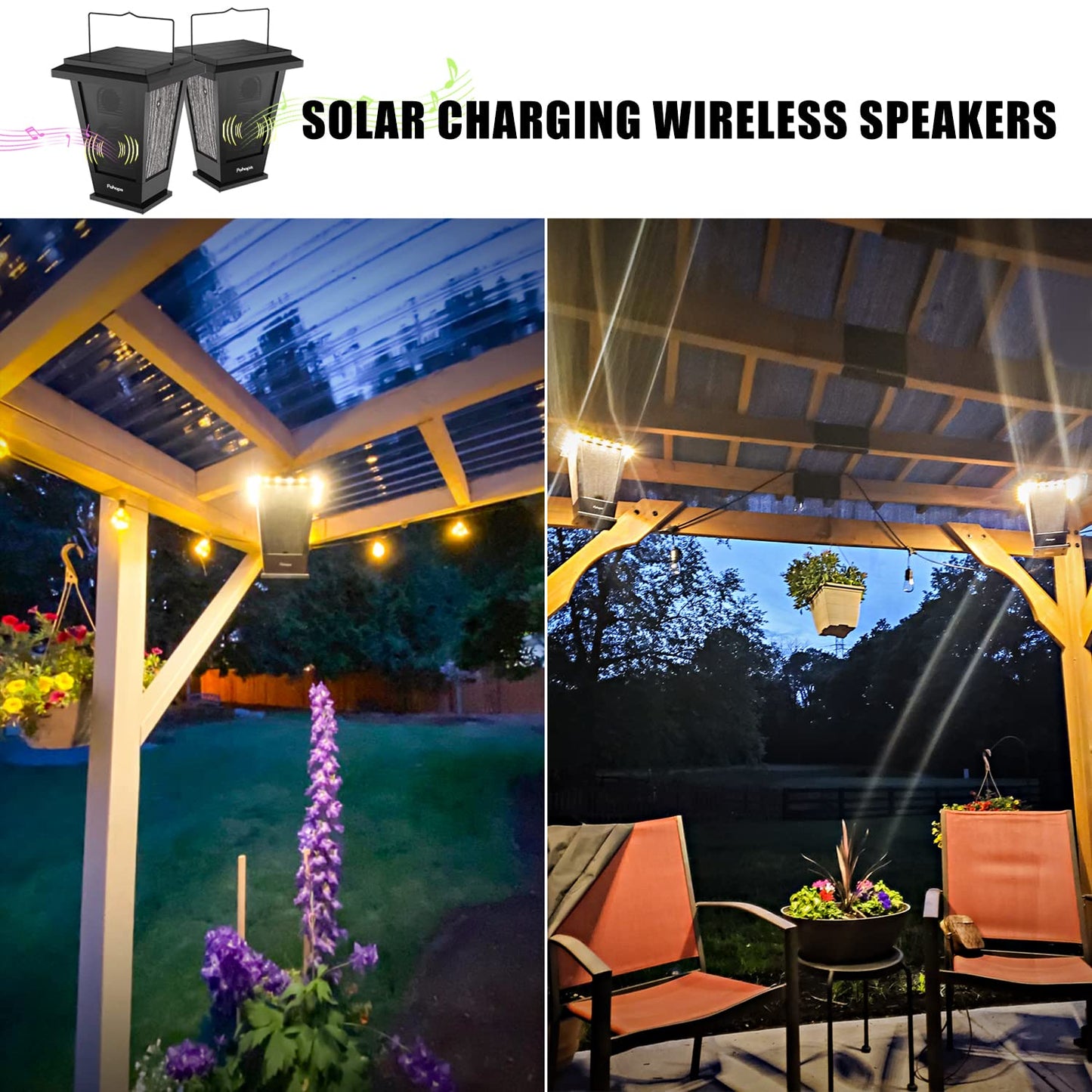 pohopa Bluetooth Speakers Waterproof, Solar Powered 2 Packs True Wireless Stereo Sound 20W Dual Pairing Lantern Indoor Outdoor Speakers with 20 Piece LED Lights, Richer Bass, Black