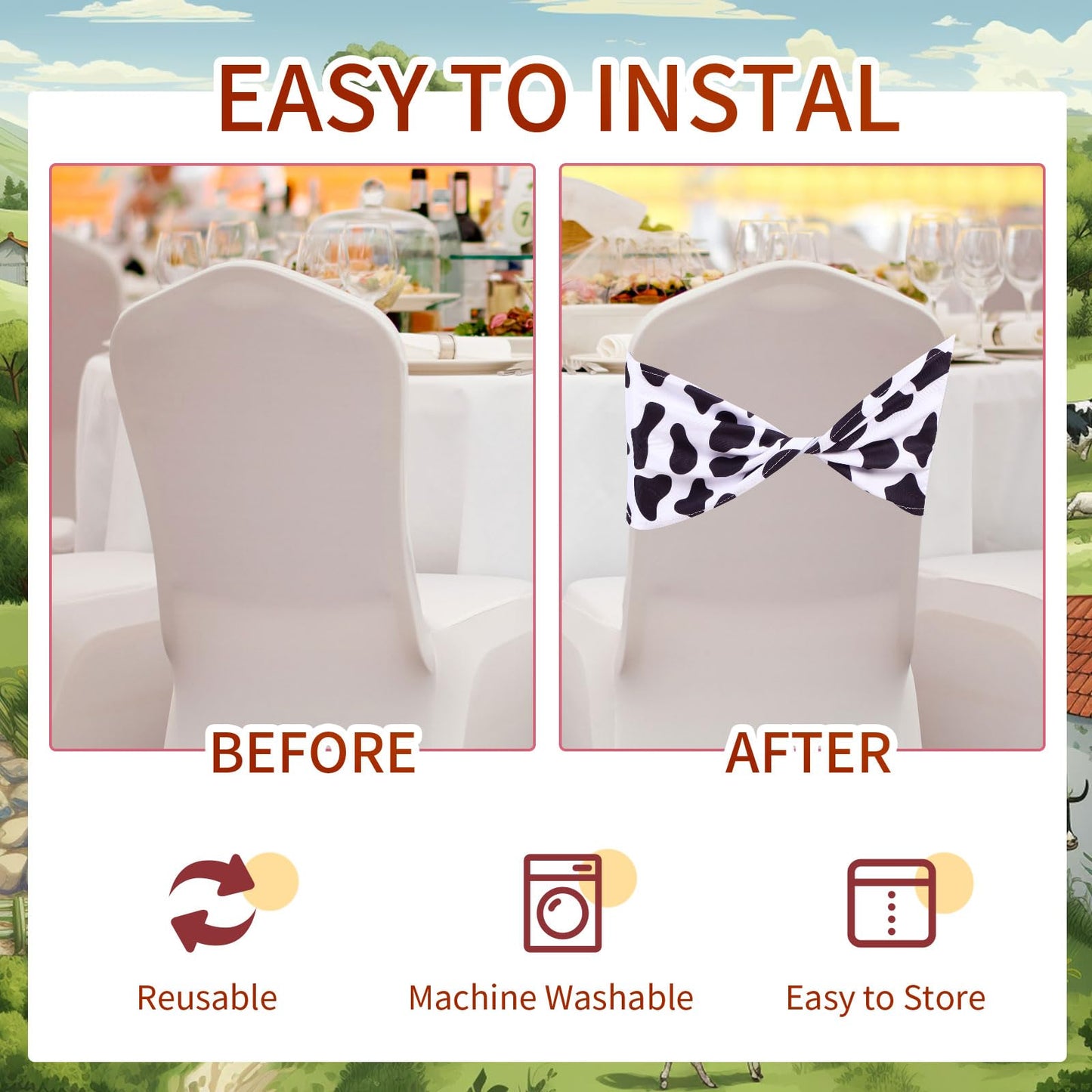 Newwiee 36 Pcs Cow Stripe Chair Sashes Spandex Cow Chair Bands Animal Print Elastic Chairs Sashes Bow Polyester Bands Ties Without Buckle for Animal Safari Jungle Theme Party Birthday Decor