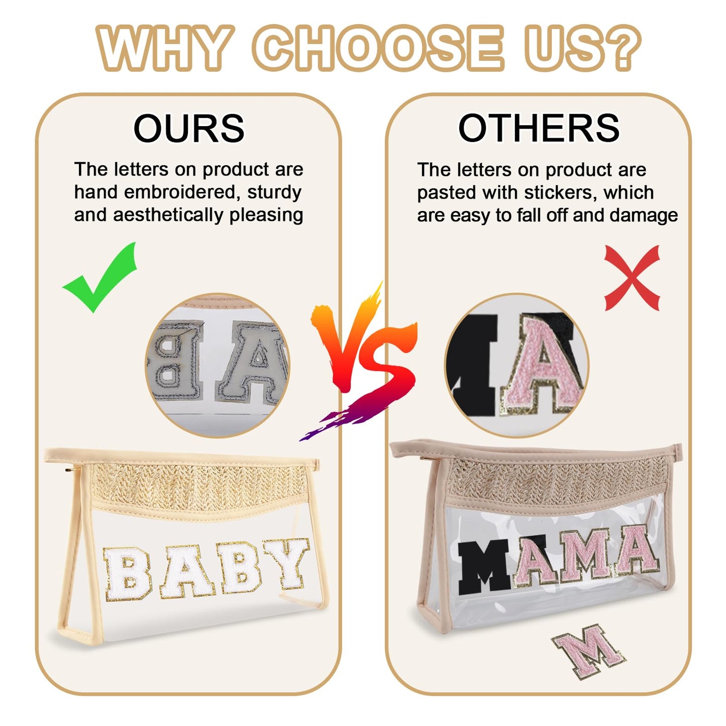 Cute Boho Patch Baby Bag Clear Makeup Letter Bag, Waterproof Zipper Make up Bag Toiletry Pouch for Women Girls, Clear Letter Patch Cosmetic Bag Transparent Organizer Pouch for Travel(Baby, Beige)