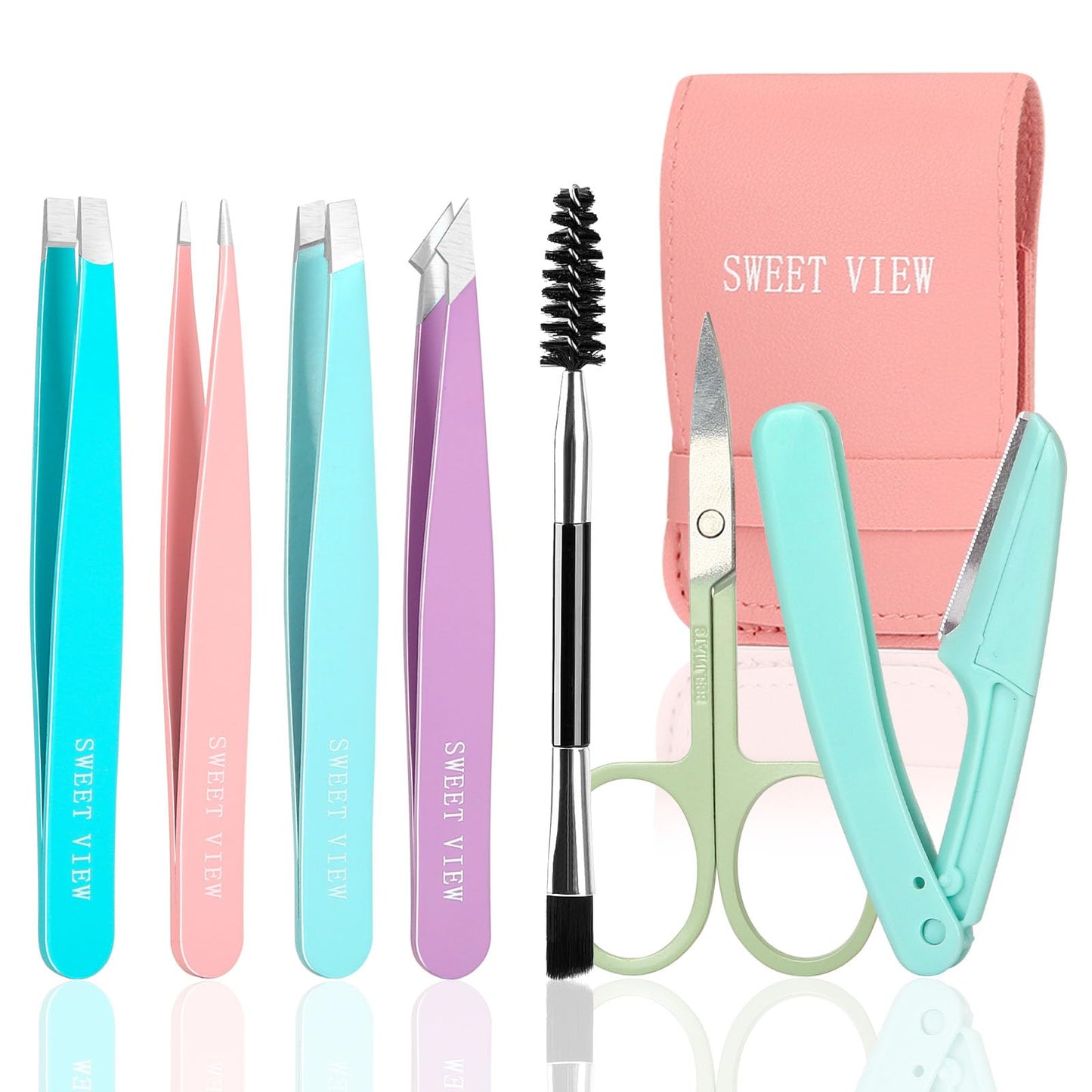 SWEET VIEW 7pcs Eyebrow Tweezers Kit for Women Precision Plucker with Brow Scissors & Razor & Spoolie for Facial, Chin, Brow, Splinter and Ingrown Hair