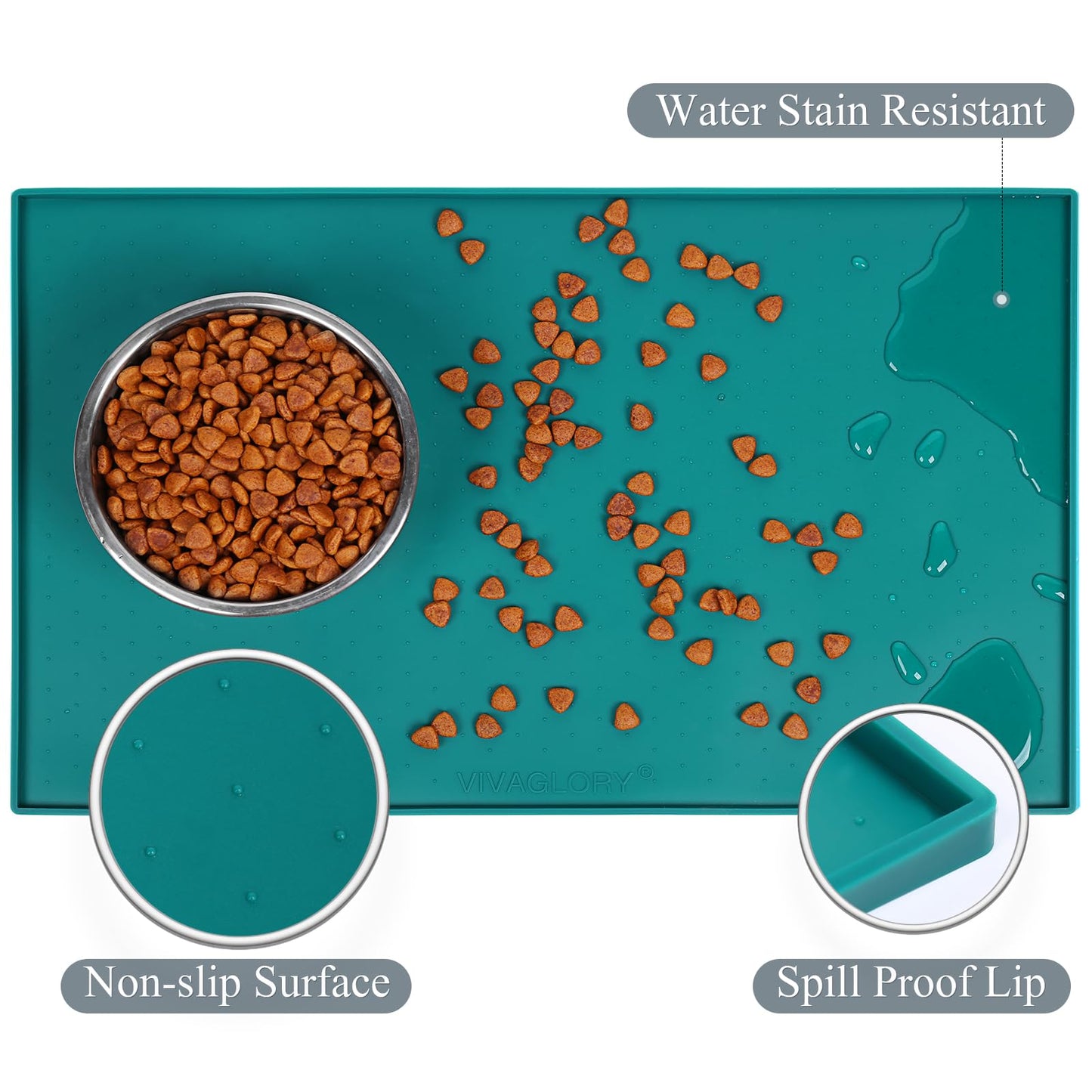 VIVAGLORY Dog Food Mat, Cat Dog Feeding Mat, Waterproof Non-Slip Food Grade Silicone Mat Placemat with Raised Edge, Anti-Messy Pet Bowl Mat for Food and Water, Deep Green, S(19"x12")