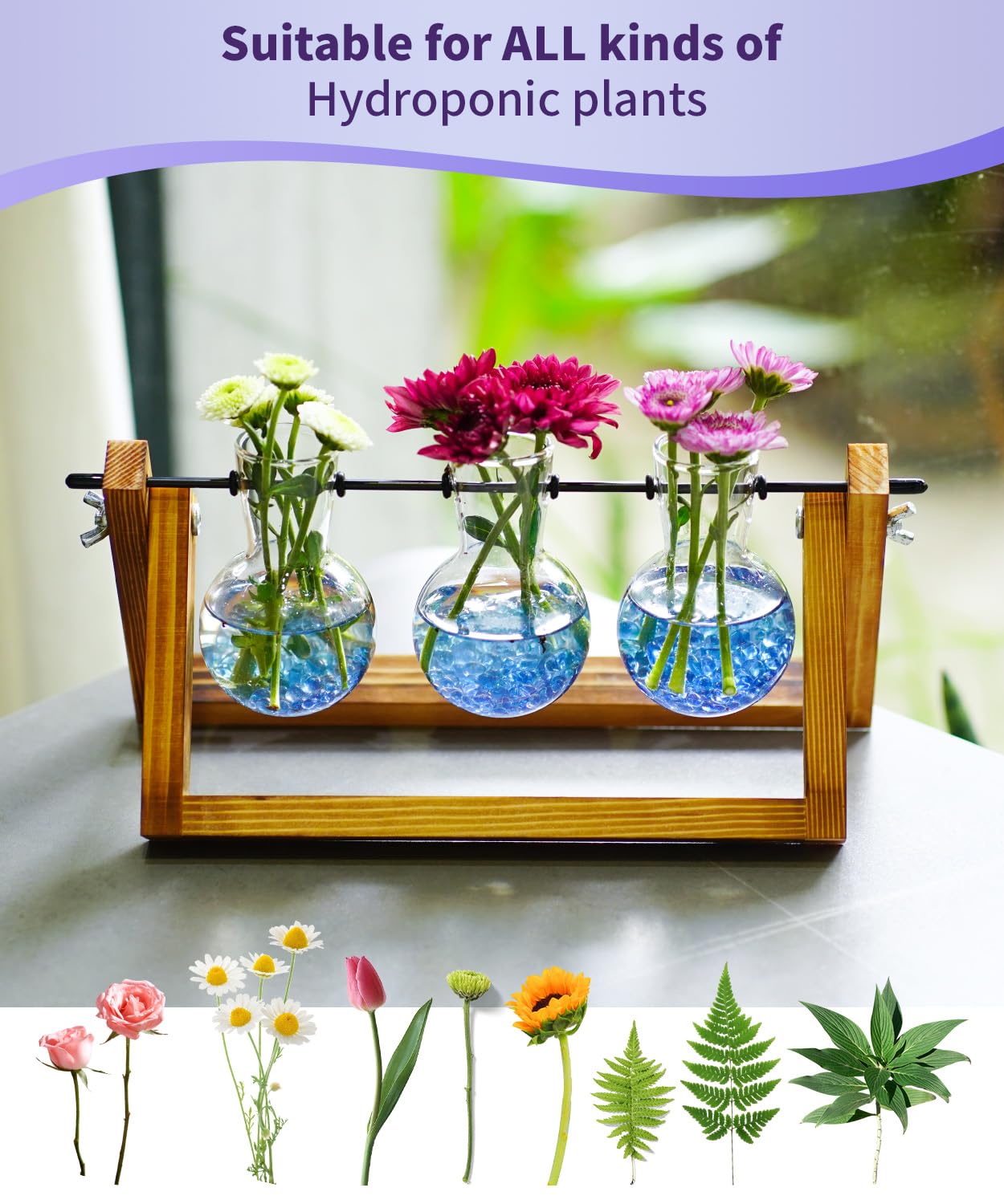 Nacome Plant Terrarium for Office Decor: Wooden Stand Tabletop Planter 3 Bulb Glass Vase Metal Swivel Holder for Hydroponics Indoor Home - Birthday Gifts for Women Mom Grandma