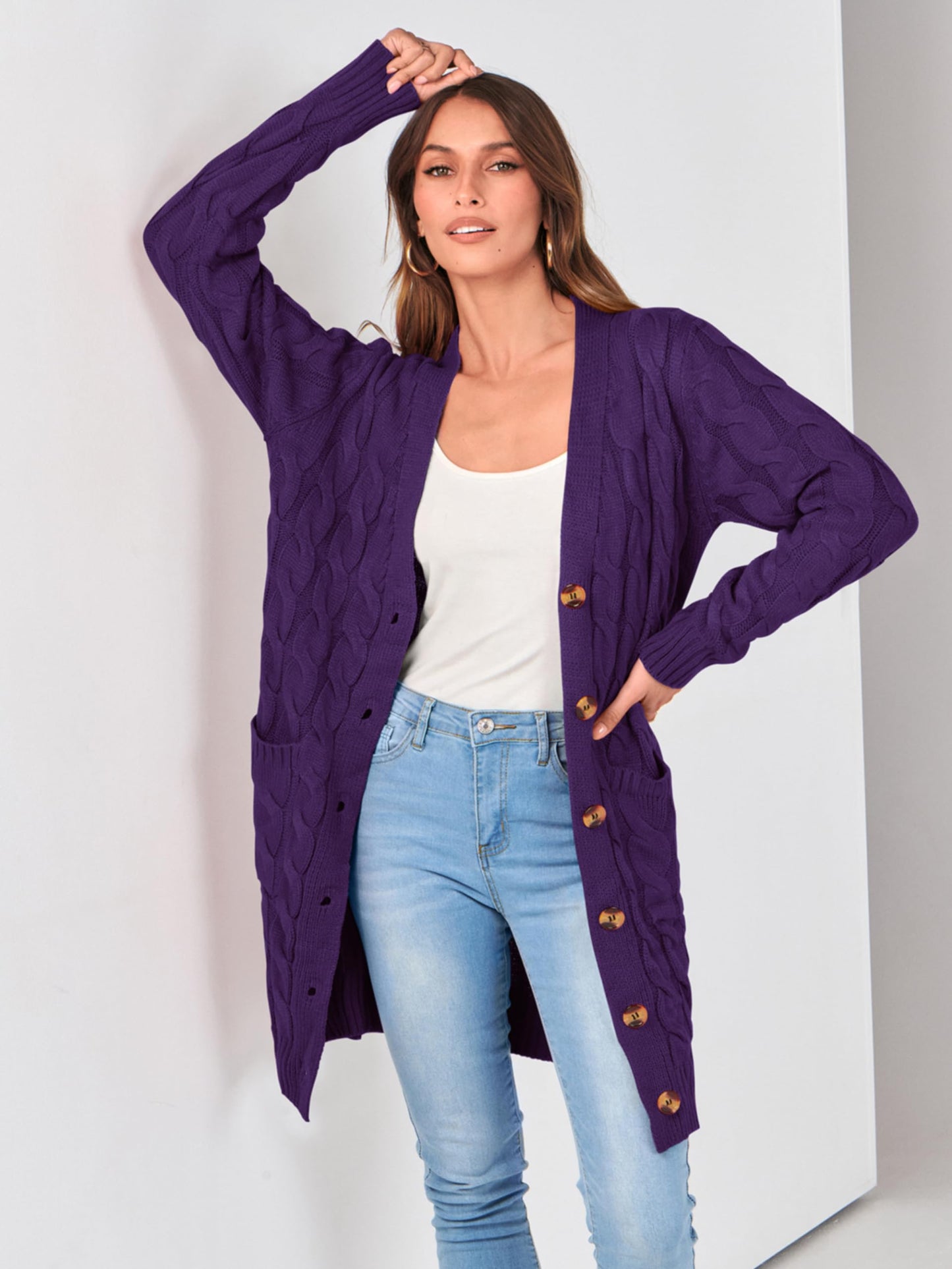 PRETTYGARDEN Long Sleeve Cable Knit Long Cardigan for Women 2025 Fall Winter Chunky Open Front Button Sweaters with Pockets (Deep Purple, X-Large)