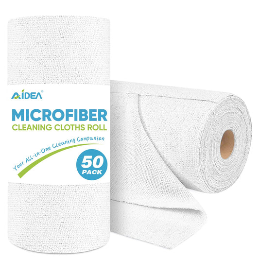 AIDEA Microfiber Cleaning Cloth Roll, White 50PK, Tear Away Reusable Paper Towels, Commercial Shop Rags, Microfiber Towels for Cars, Lint Free Rags for House, Kitchen, Automotive, 11.5"×11.5"