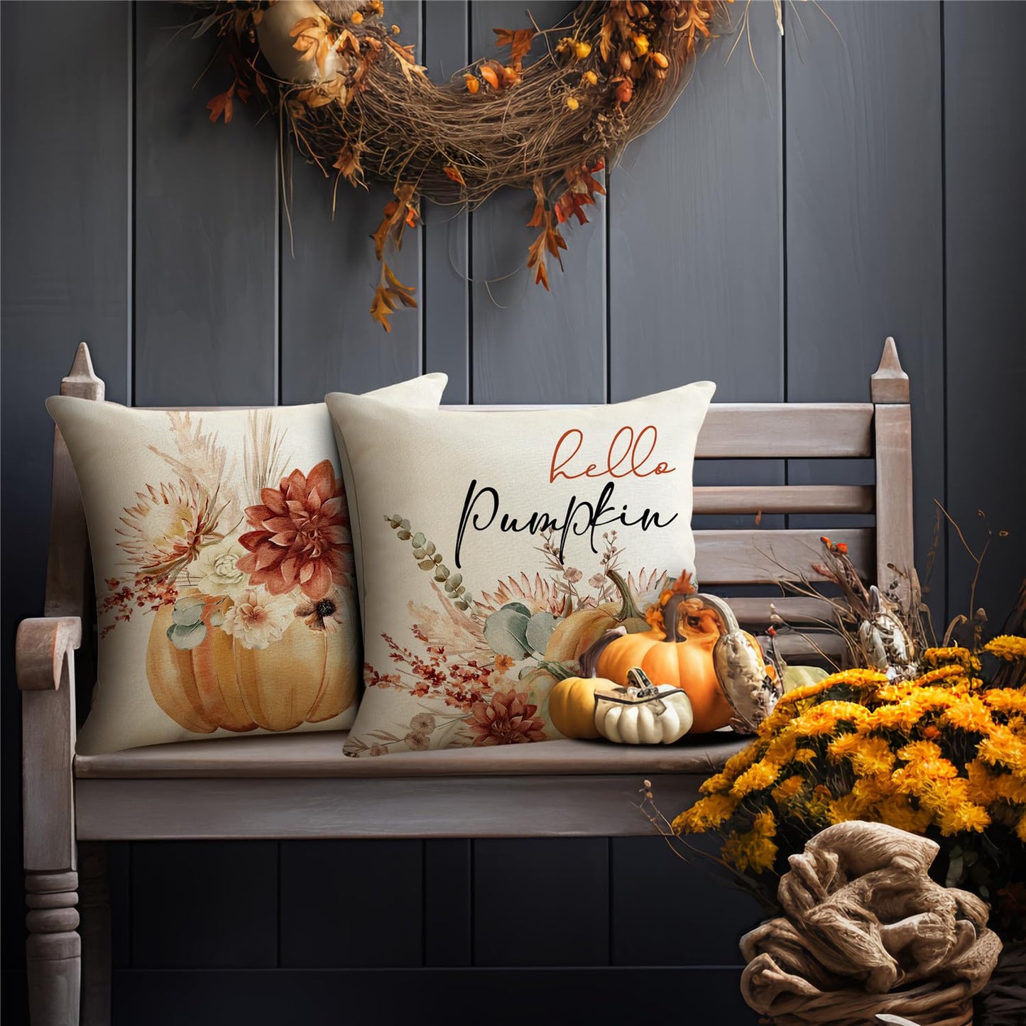 MODOVOS Fall Pumpkin Throw Pillow Covers Thanksgiving Farmhouse Decorations Wheat Floral Outdoor Fall Decor Pillow Covers 18x18 Set of 4 Harvest Autumn Cushion Case for Sofa Couch