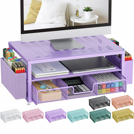 gianotter Desk Organizers and Accessories, Monitor Stand with Drawer and 2 Pen Holder, Purple Desk Accessories, Computer Stand Suitable for Offices and Dormitories (Purple)
