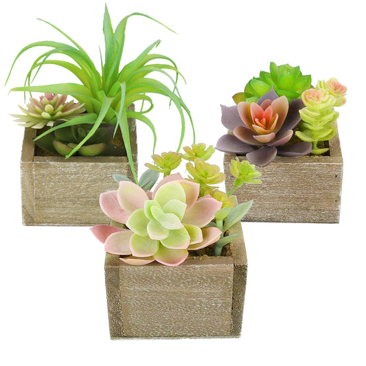Mingfuxin Succulents Plants Artificial, Mini Assorted Green Fake Plants in Pots, Small Artificial Succulent Plant with Wood Potted for Bathroom Home Office Living Room Table Decor Indoor, Set of 3