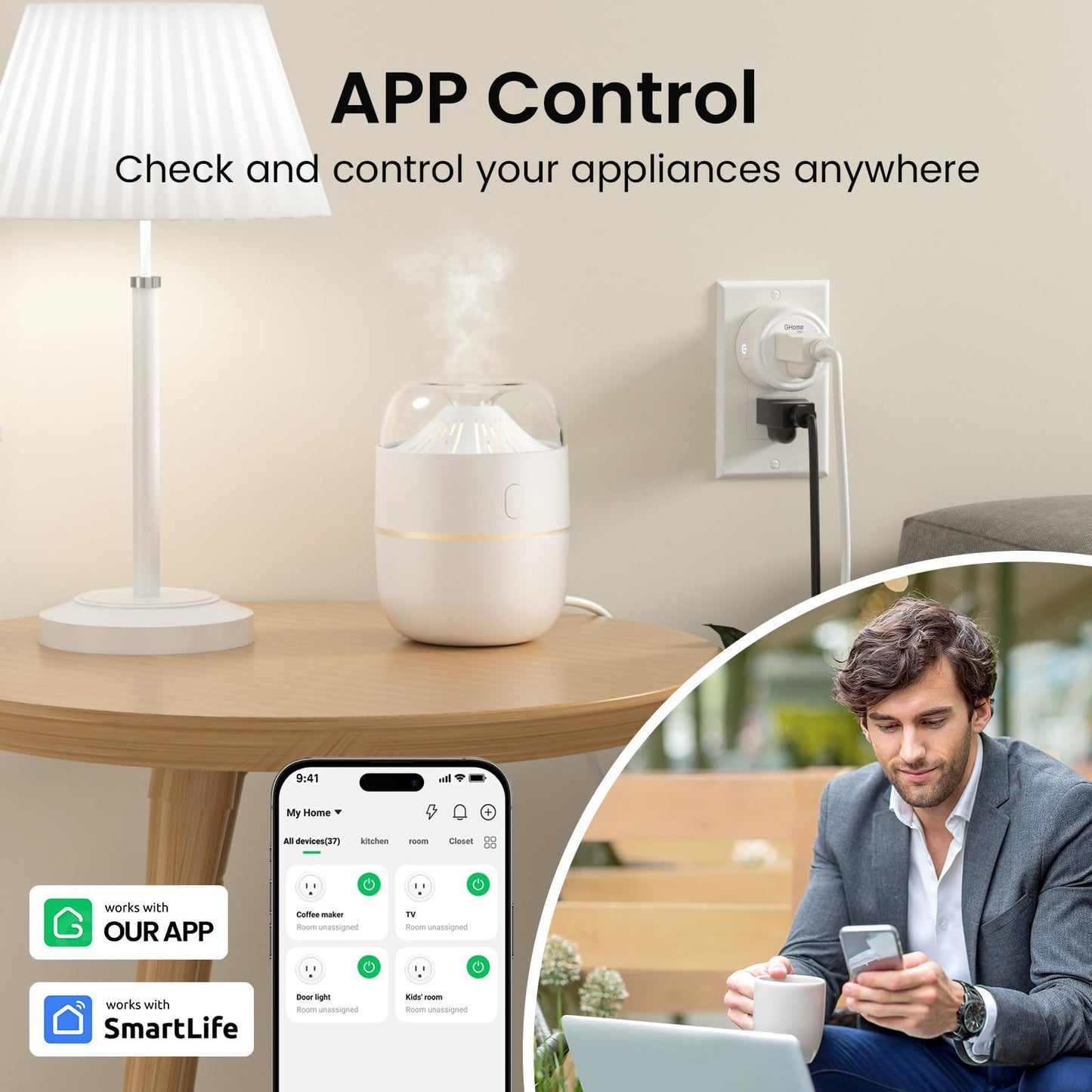 GHome Smart Mini Plug Compatible with Alexa and Google Home, WiFi Outlet Socket Remote Control with Timer Function, Only Supports 2.4GHz Network, No Hub Required, ETL FCC Listed (4 Pack), White