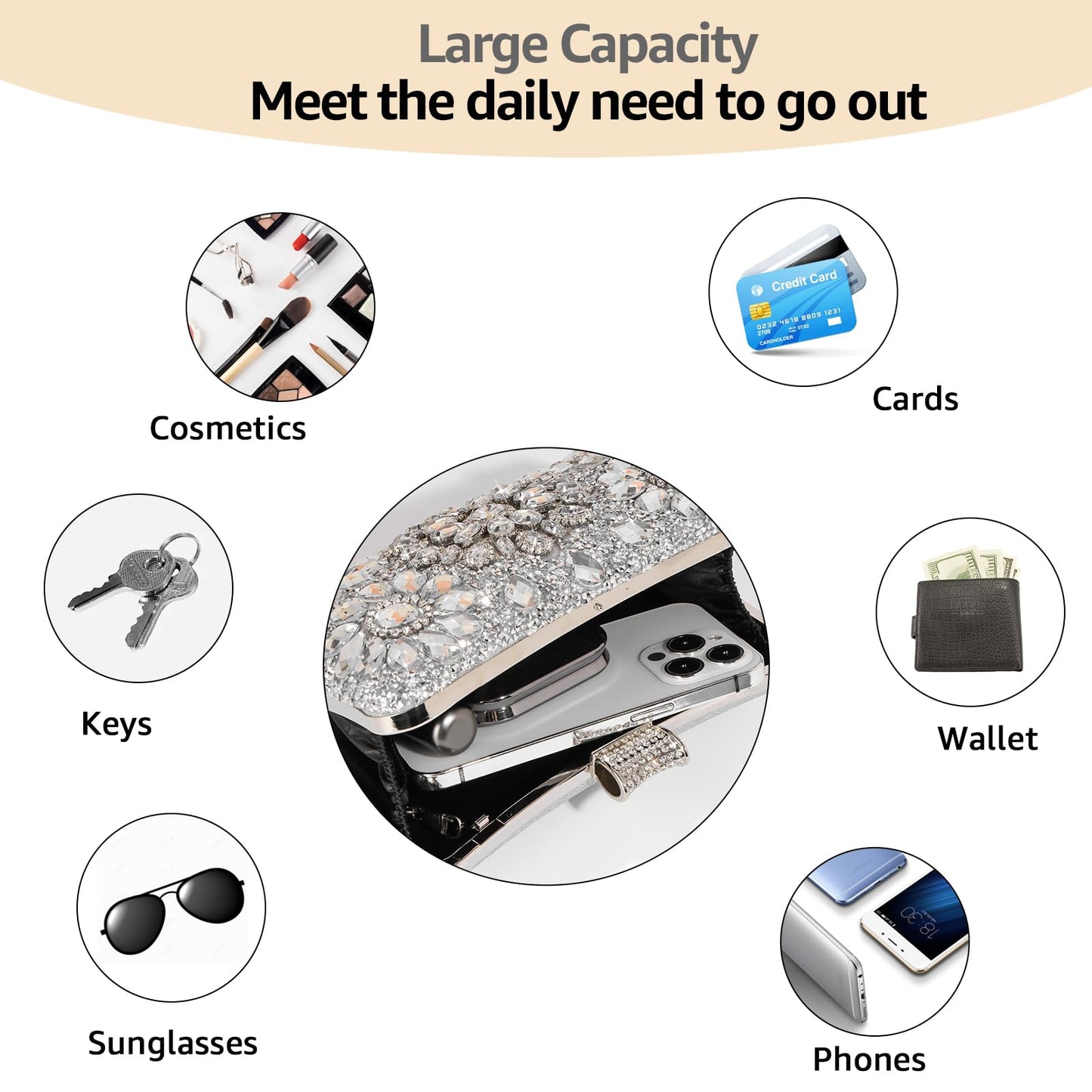 AIBAOWU Rhinestone Silver Purses for Women Rhinestone Evening Bag for Wedding Clutch Silver Purse Handbags Cocktail for Party Prom