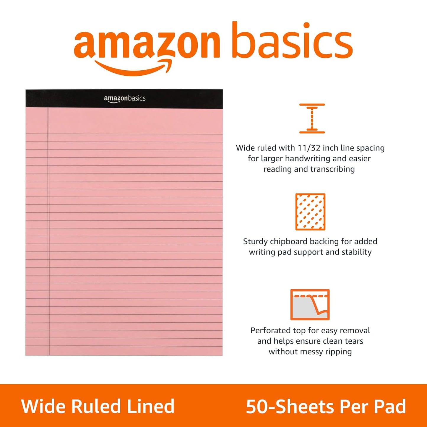 Amazon Basics Wide Ruled 8.5 x 11.75-Inch 50 Sheet Perforated Lined Writing Note Pads, Pack of 6, 300 Count, Multicolor