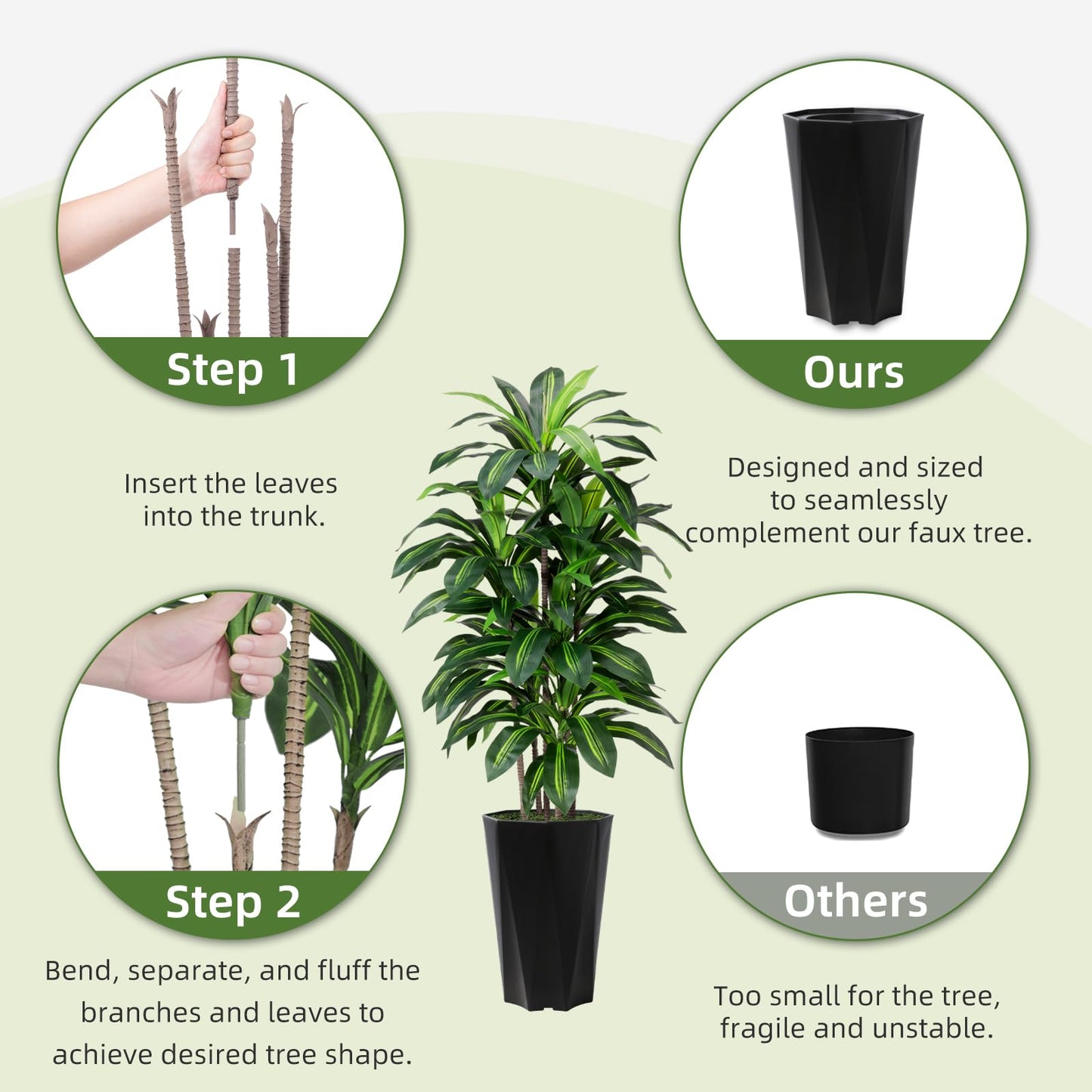 Artificial Dracaena Plant Indoor 5FT Fake Tree with White Diamond Planter Faux Yucca Tall Fake Floor Plant in Pot Artificial Trees for Home Office Living Room Decor Indoor