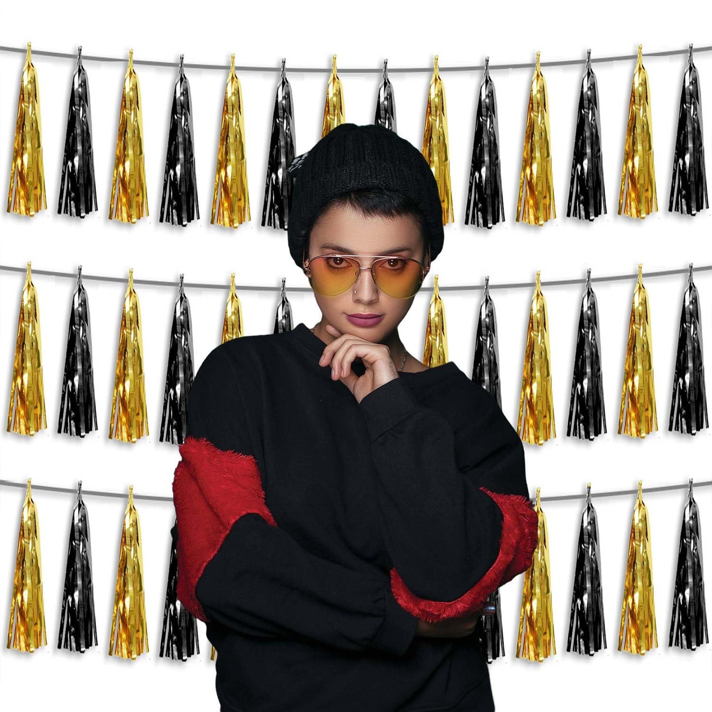 3P Metallic Fringe Tassel Banner Garland Foil Tinsel Streamer Wall Hanging Curtain Backdrop Banner for Parade Floats,Graduation Decorations, Father's Day,New Years Party Decoration(Black Gold)