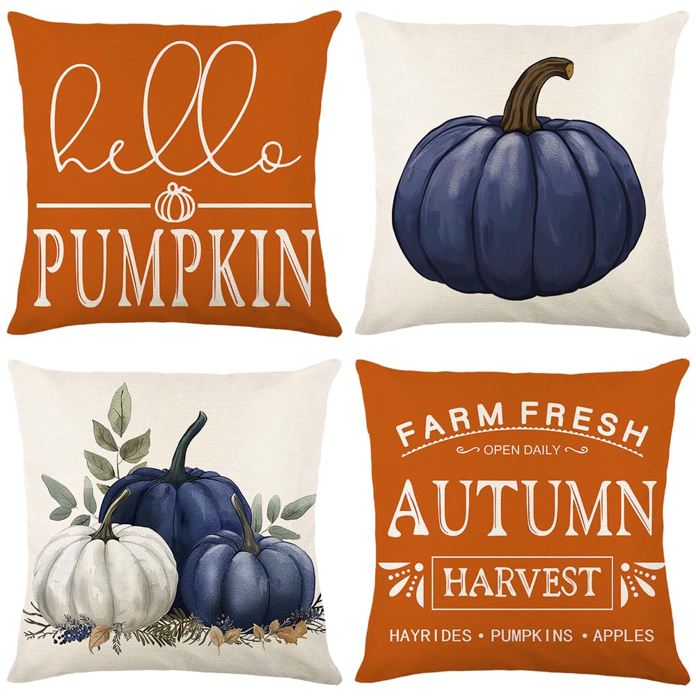MAZSHTTD Fall Pillow Covers Blue Pumpkin Outdoor Indoor Decorative Throw Pillow Covers 18 x 18 Inch Set of 4 Farmhouse Autumn Cushion Cover Pillow Case for Living Room Bed Room Fall Decor