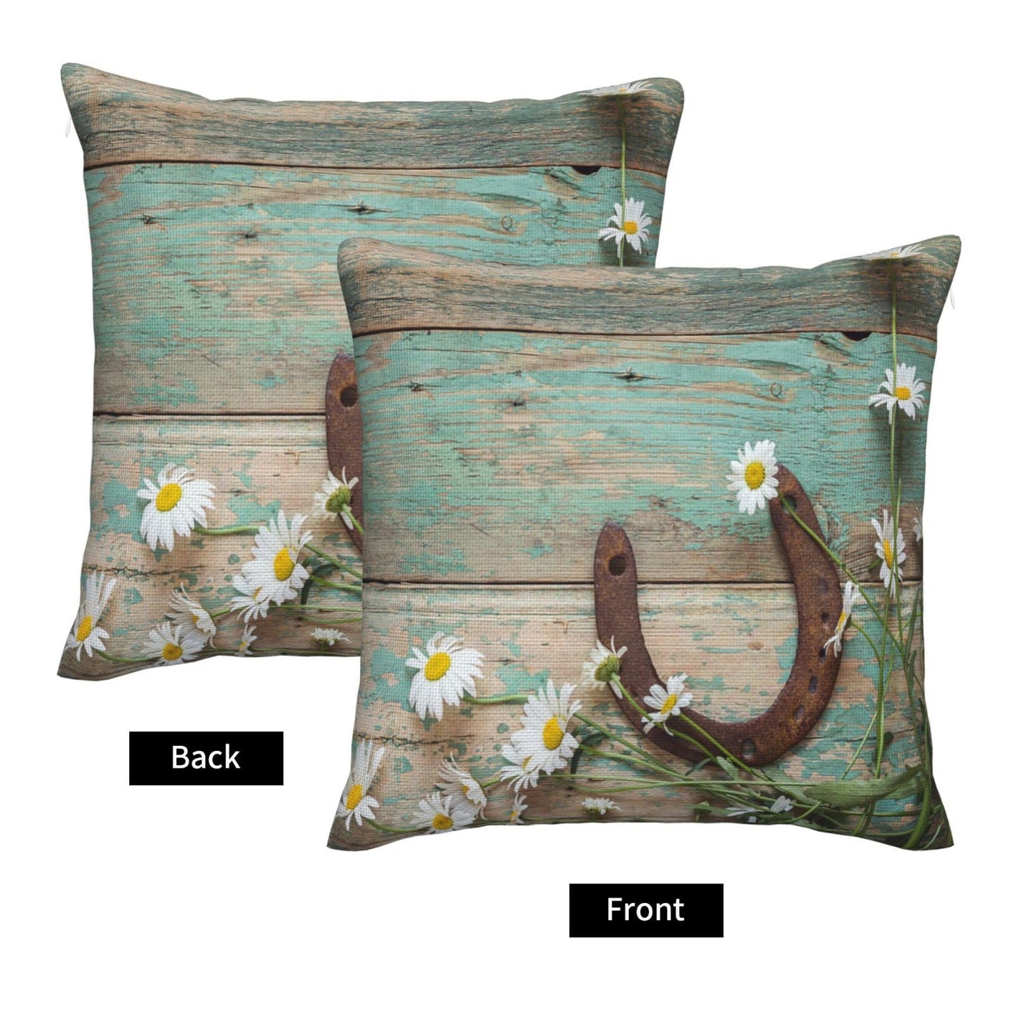 VIREOTHIA Teal Wooden Country Pillow Covers 18x18 Set of 2 Rustic Decorative Throw Pillow Cover Western Horseshoe Daisy Square Pillowcases Cushion Covers for Couch Bed Sofa Decor