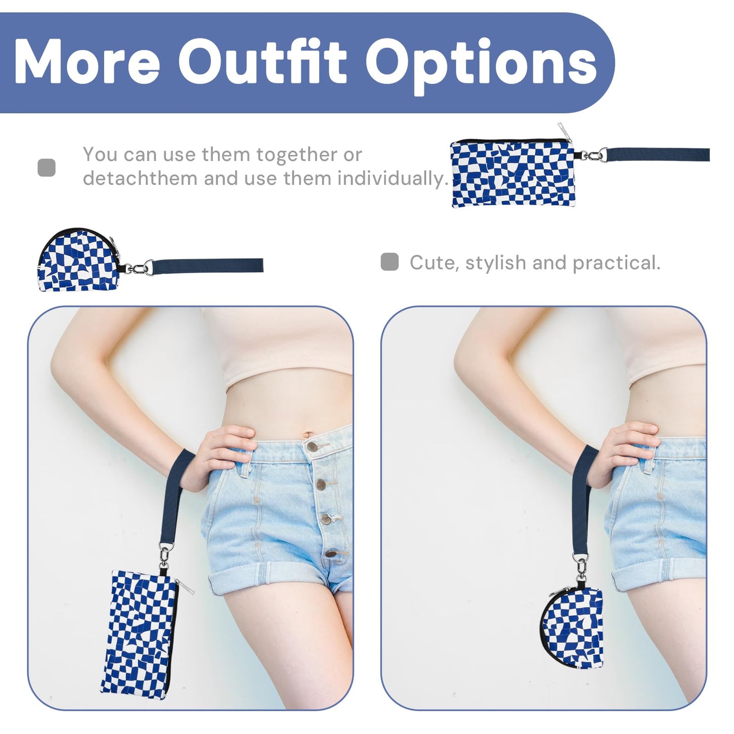 Chanoyu Printed Mini Zip Around Keychain Wristlet Wallet – Large Capacity Dual Pouch Detachable Coin Purse with Keychain, Fits Phone, Soft Nylon, Water-Resistant, Perfect for Daily Use (Blue Check)