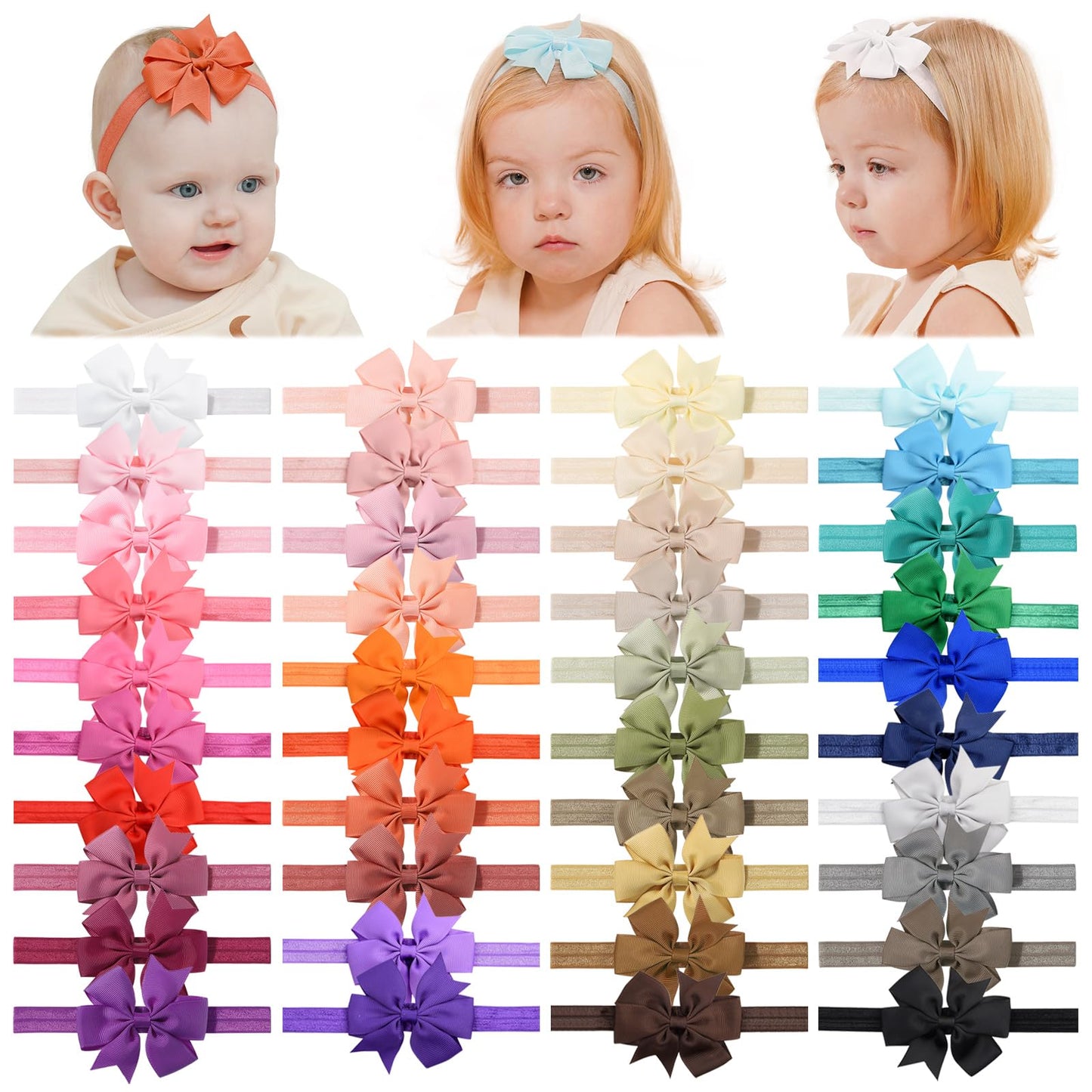 jollybows 40pcs Baby Girls Grosgrain Ribbon Hair Bows Headbands 3" Hair Band Hair Accessories for Infants Newborn Toddler