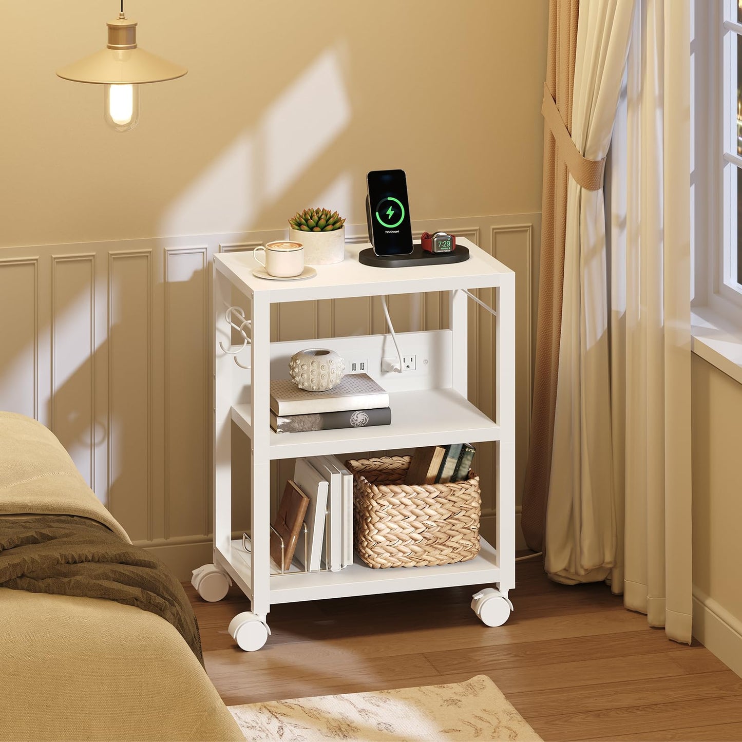 MAHANCRIS Industrial Printer Cart, 3-Tier Mobile Printer Stand, Rolling Cart with 2 AC Outlets and 2 USB Ports, Home Printer Stand with 2 Hooks, for Office, Living Room, White PTWT40E01