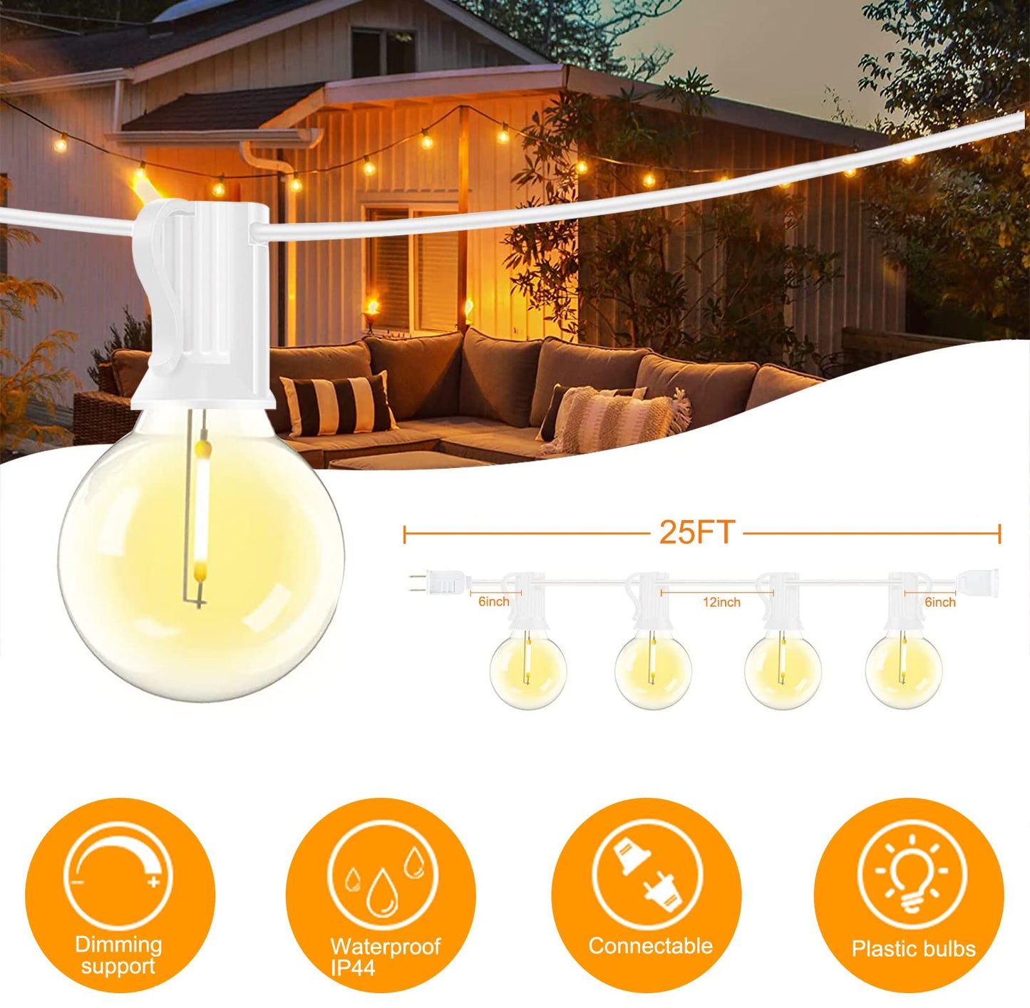 Abeja 25Ft LED Outdoor String Light, Patio Globe String Lights with 27 Shatterproof LED Clear Bulbs(2 Spare), Hanging Patio String Lights for Backyard Decor Bistro Party Yard Decor- White Wire