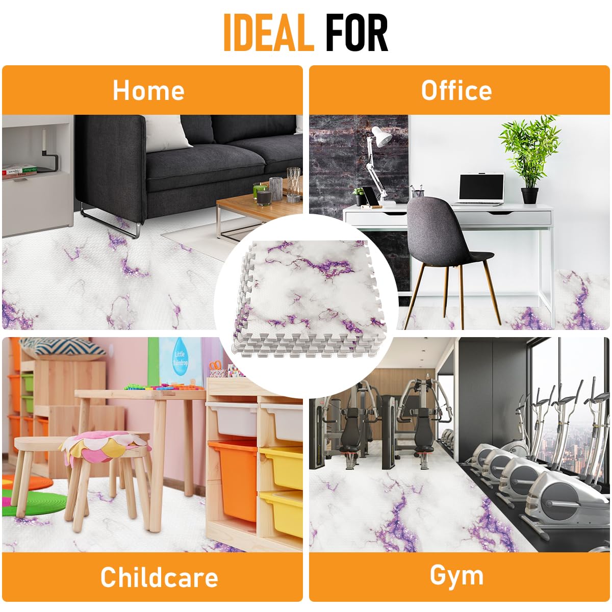 HomeCube USA 3/8 Inch Thick Interlocking Purple Marble Foam Floor Tiles for Home, Office, Workout Equipment Space Commercial Anti-Fatigue Flooring Padding 24x24 in, Purple Marble, 160 Sq Ft-40 Tiles